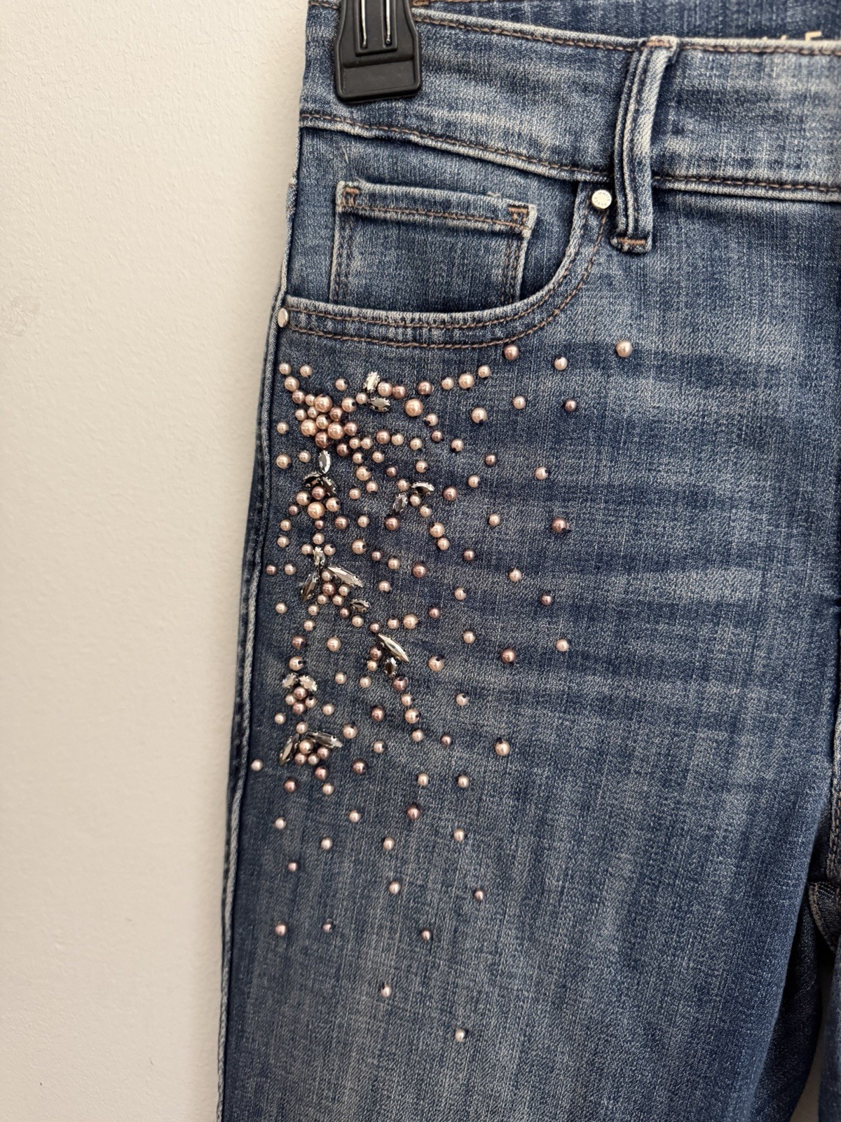 White House Black Market High Rise Embellished Skinny Flare Jeans Dark Blue 4S