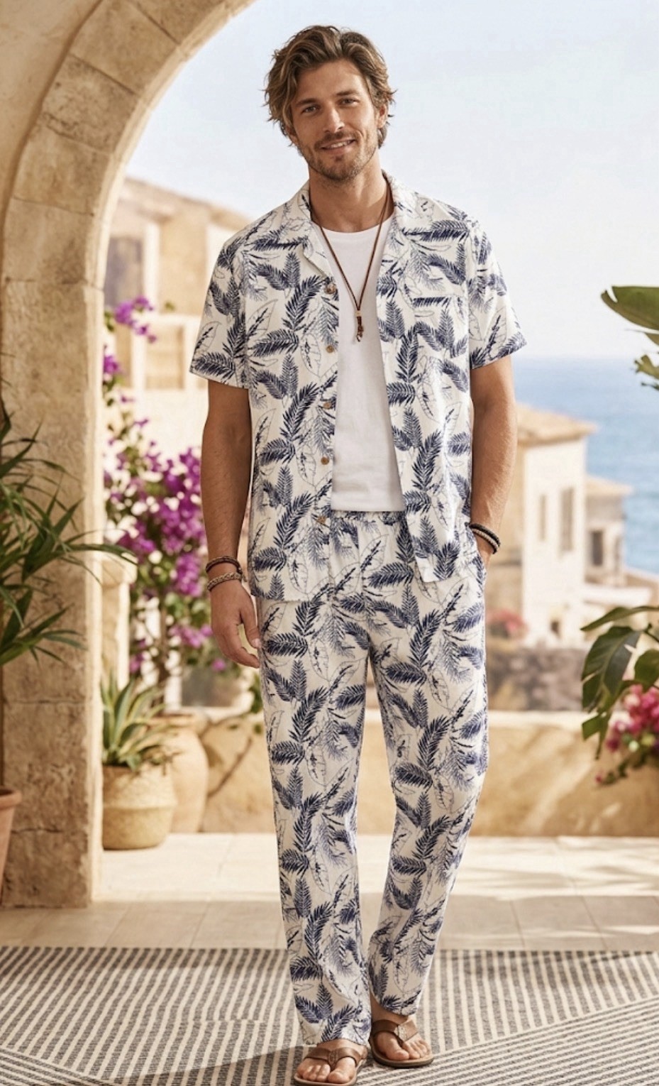 Men’s COOFANDY button down Tropical Beach Bohemian Shirt & Pants Set L