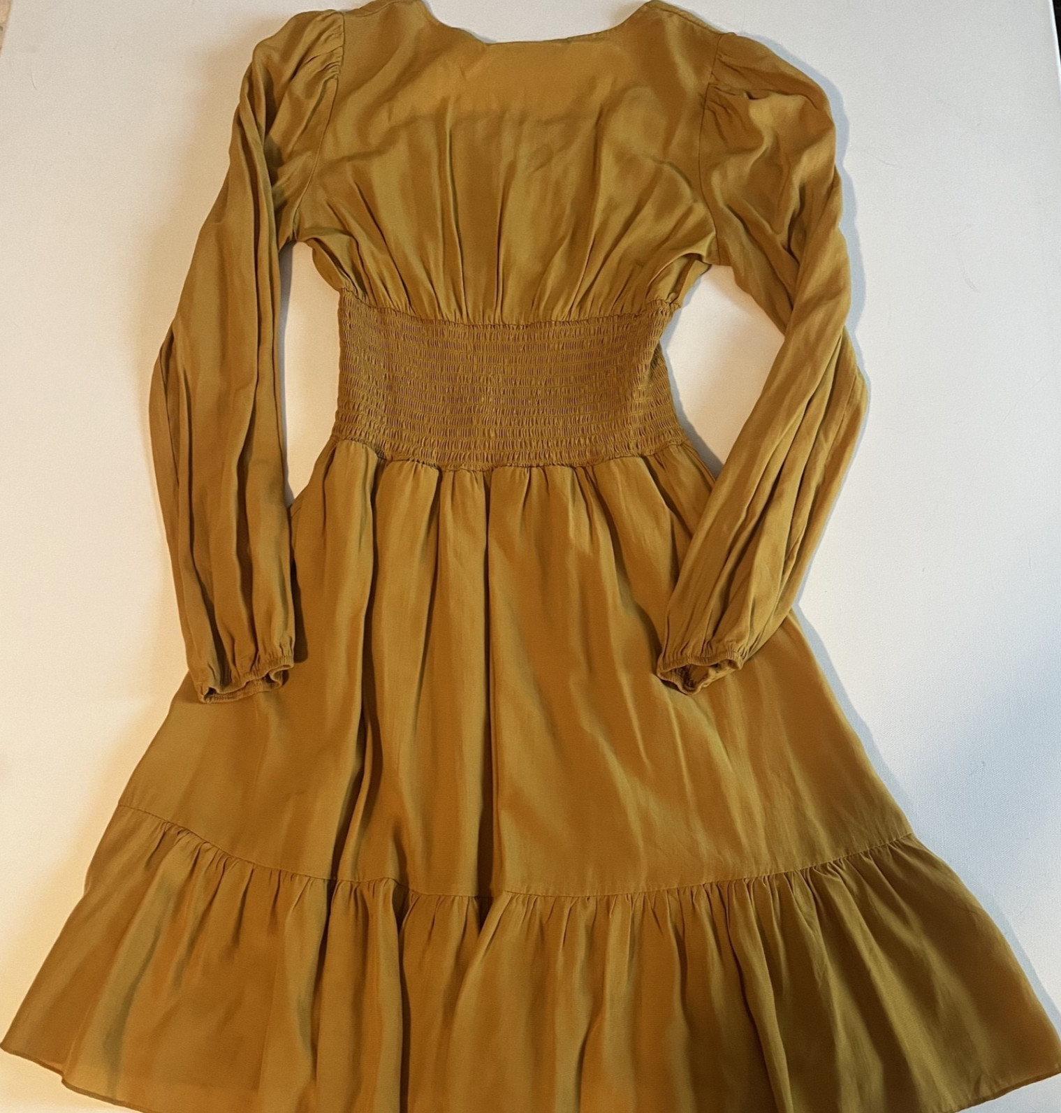 Hesperus Womens Square Neck Mustard Yellow Dress Long Sleeve Ruched Waist Med