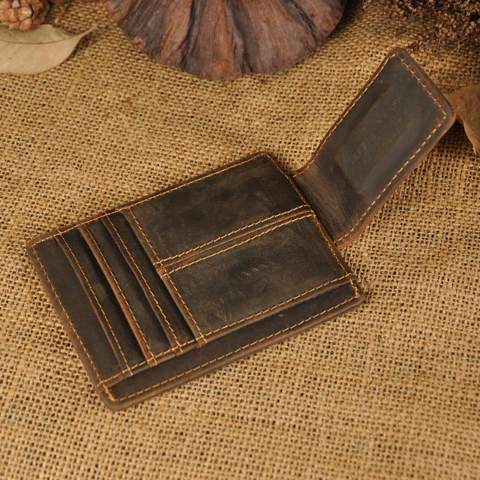 RFID Genuine Leather Slim Money Clip Wallet – Front Pocket Card Holder – Brown