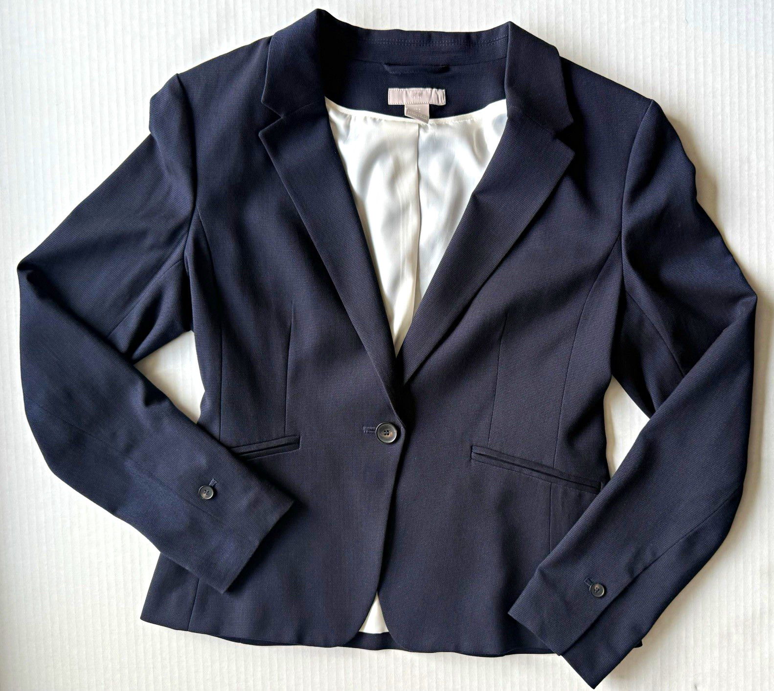 H&M Navy Solid One-Button Blazer Notched Lapel Lined Pockets Size S