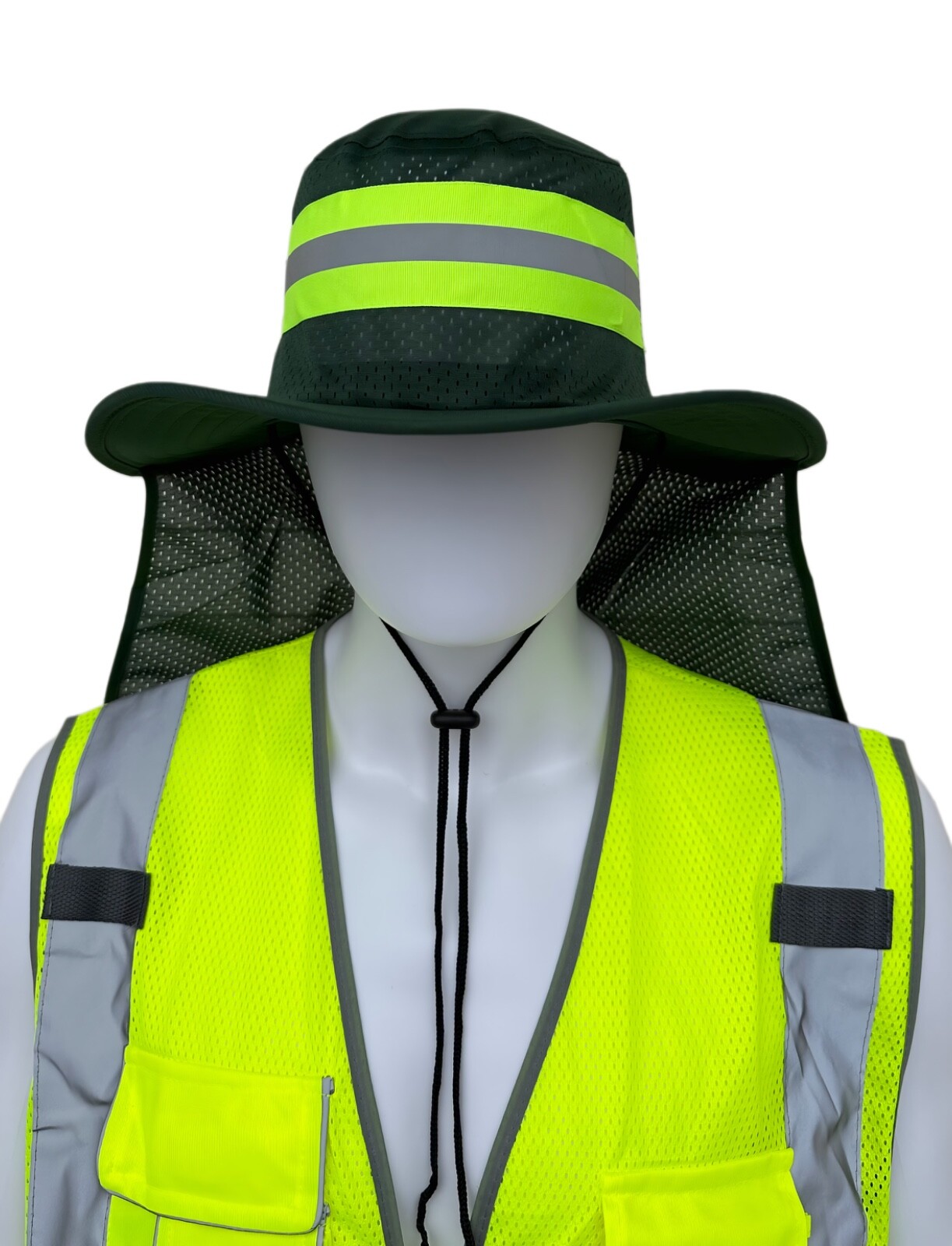 Hi Vis Reflective Work Safety Neck Flap Boonie Hat Green Bucket Cap