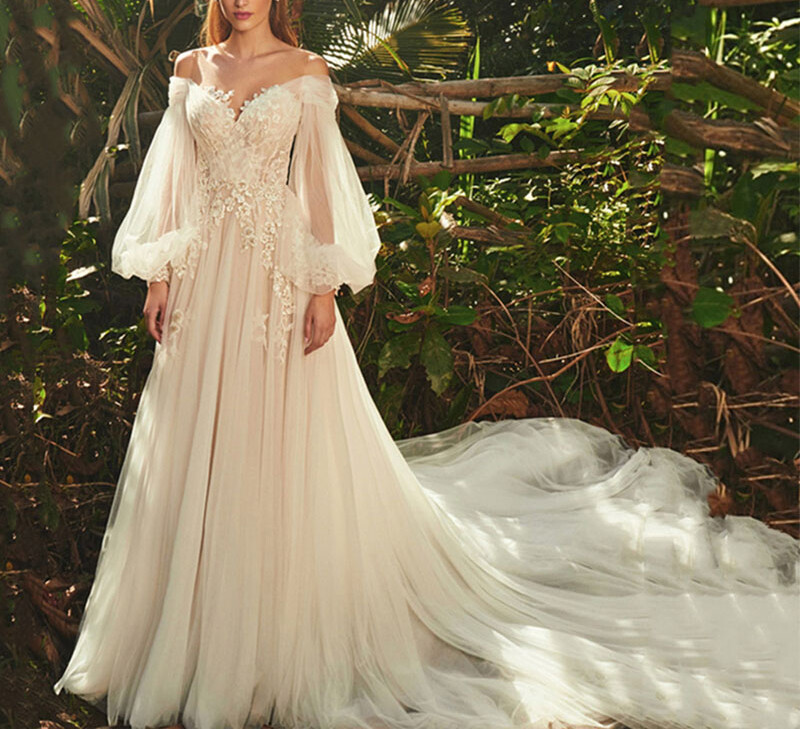Off Shoulder Puff Sleeve Lace Tulle Bridal Gown Floral Long Train Wedding Dress