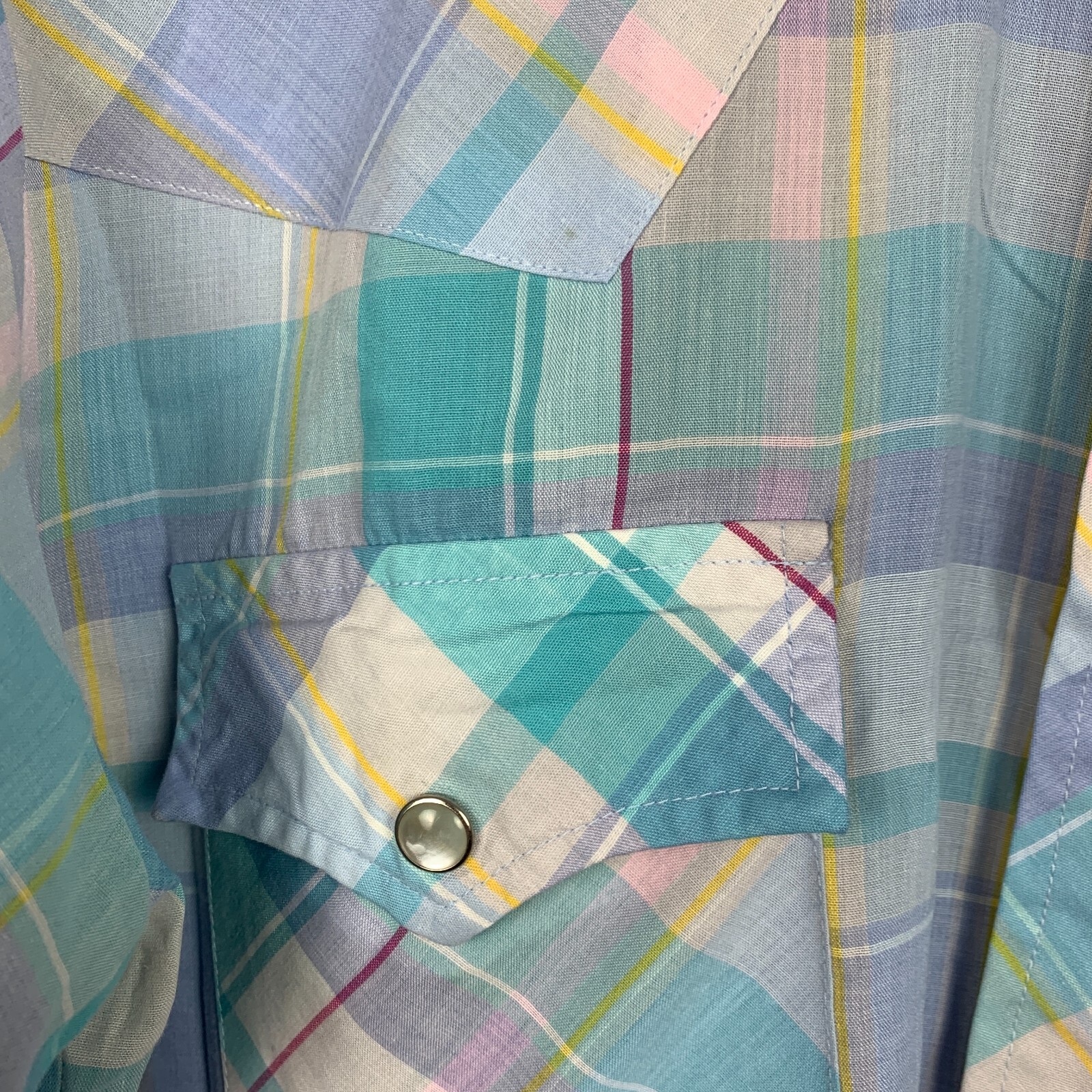 Vintage 80s Plainsman Blue Purple Plaid Western Pearl Snap Short Sleeve Shirt L