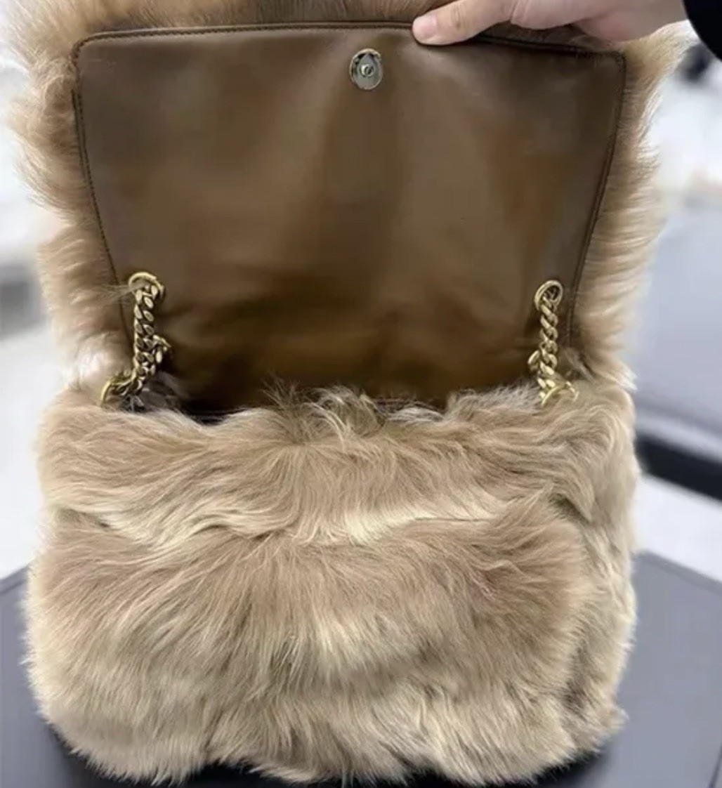 Large Faux Fur Shoulder Bag Soft Plush Winter Tote with Chain Strap Brown/Beige