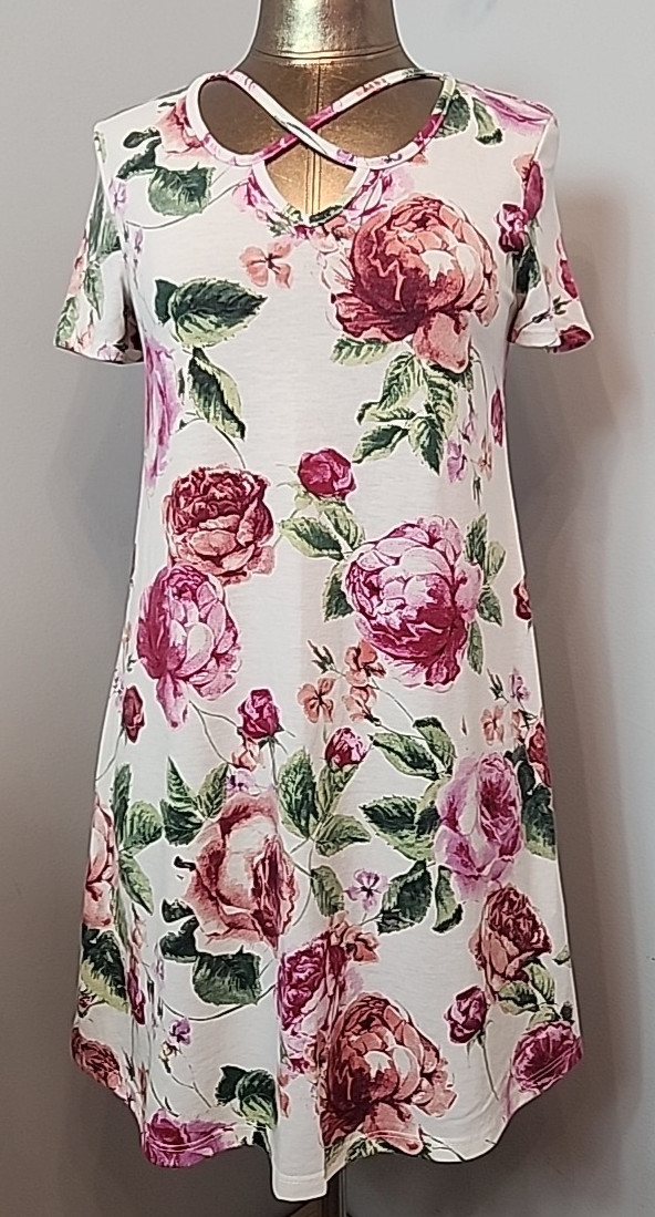 Lime N Chili White Floral Criss Cross Shirt Dress Womens Size S V-Neck 302-36169