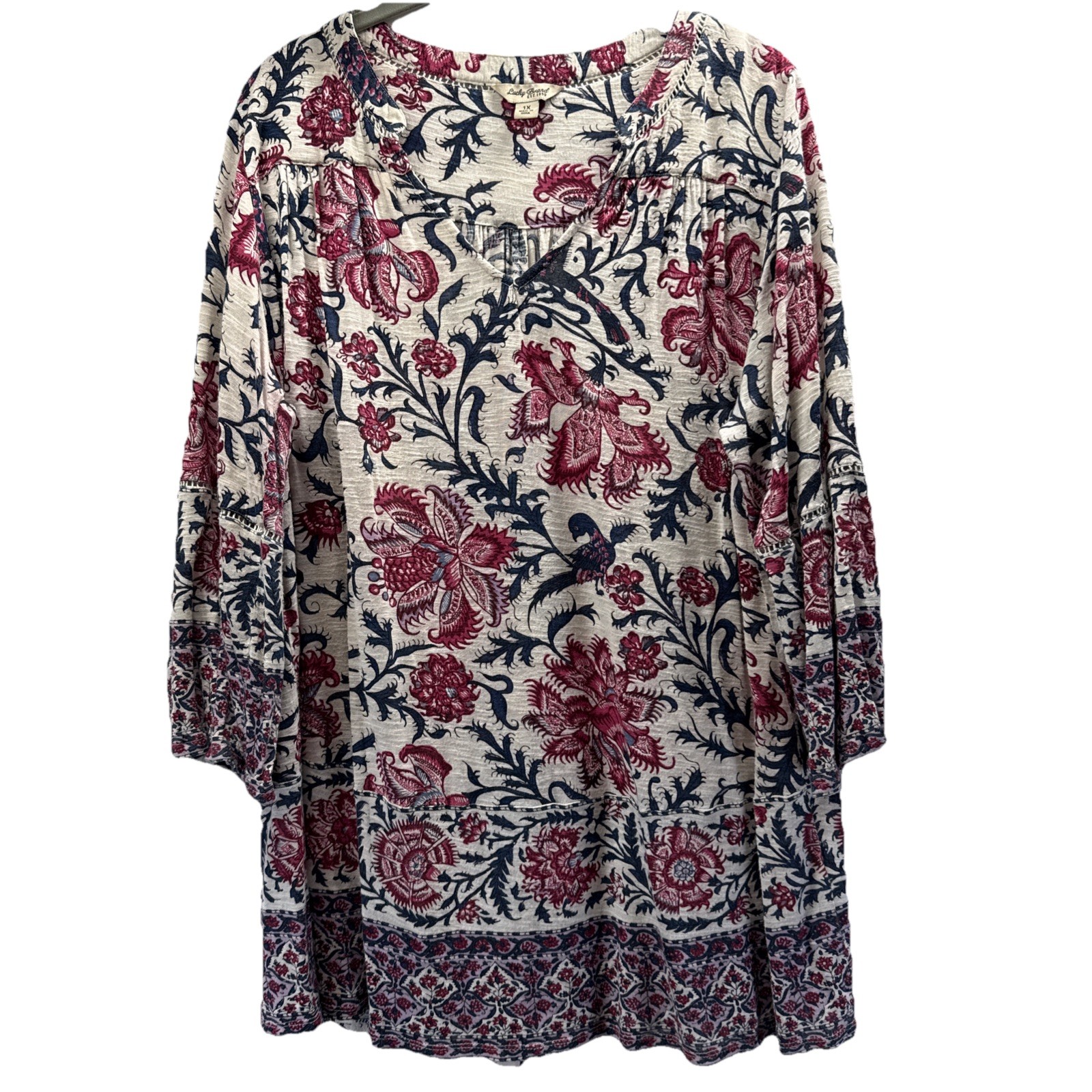 Lucky Brand Women’s Top Size 1X Burgundy Pink Bohemian Paisley Tunic 3/4 Sleeves