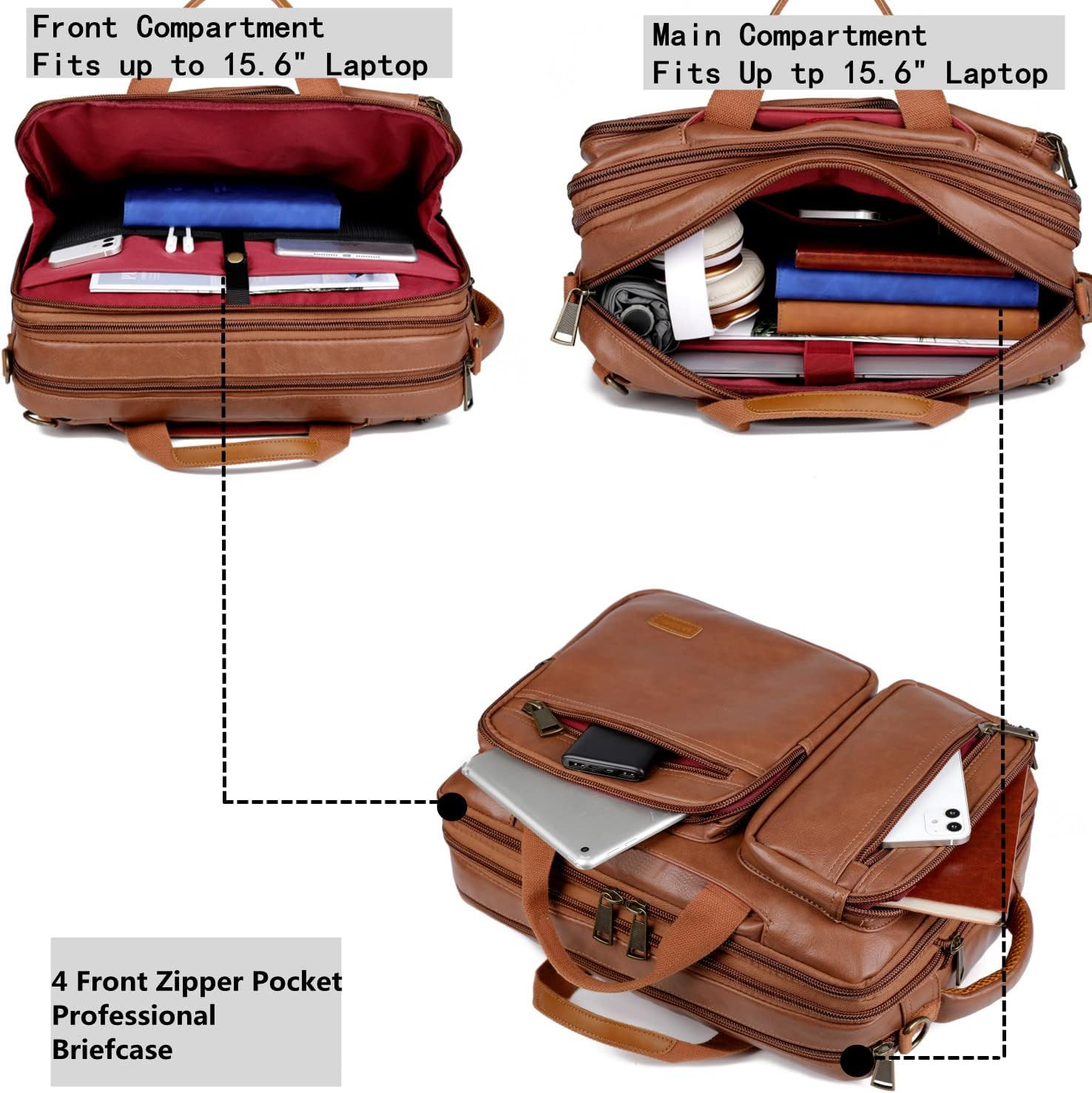 Vegan Leather 15.6 Laptop Backpack Briefcase Hybrid Travel Work Bag Brown