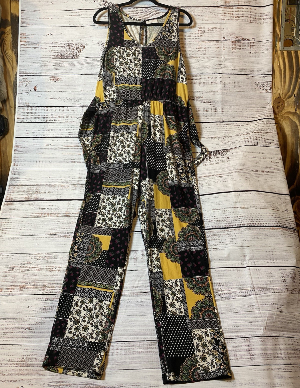 Bobbie Brooks Multicolor Patchwork Sleeveless V-Neck Jumpsuit Tie Waist M