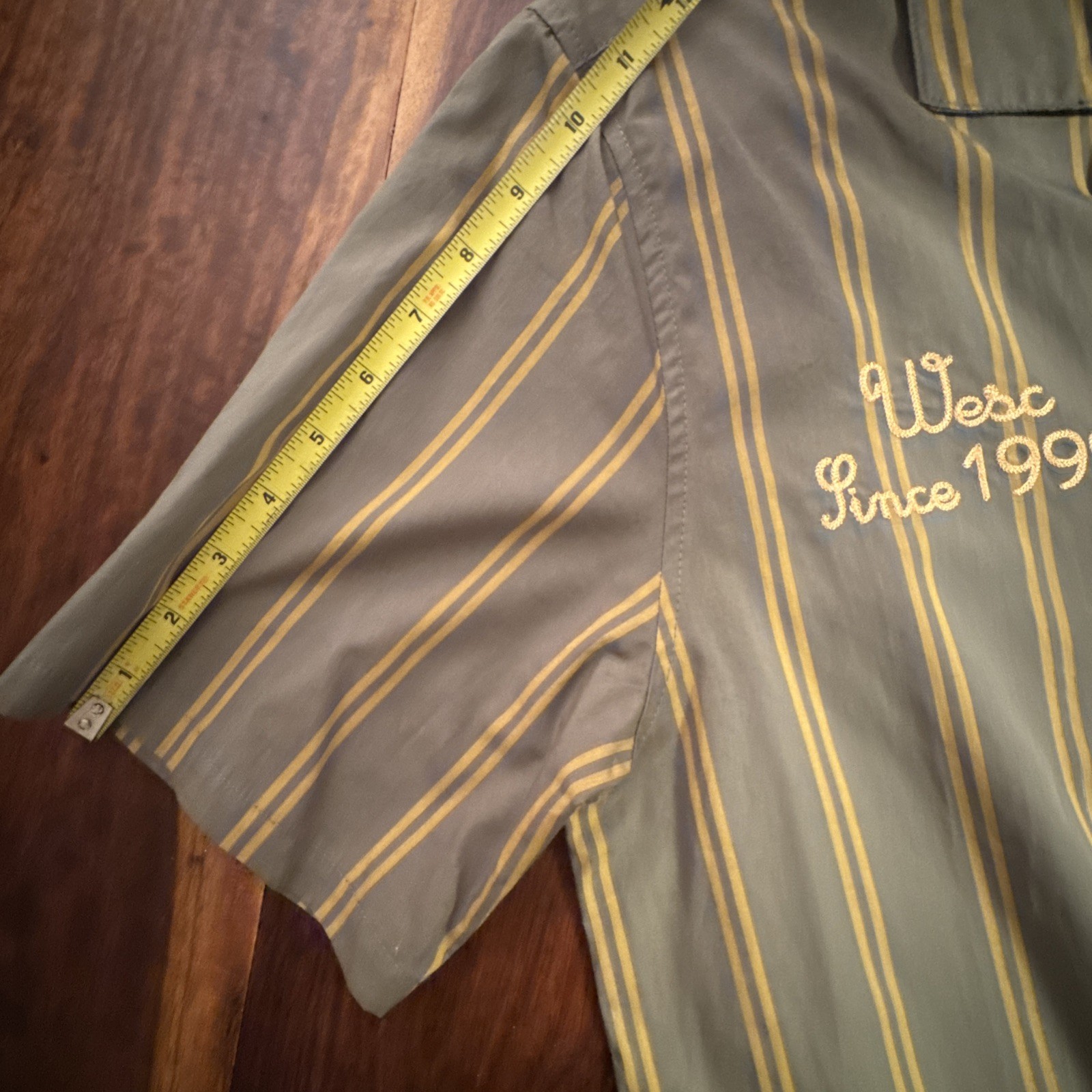 WeSC Men’s Cropped Camp Shirt Olive Green Striped Workwear Button Up Size M NWT