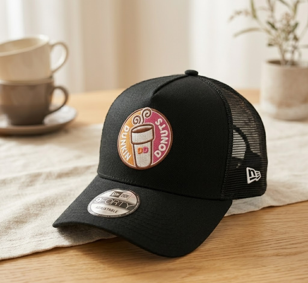 Dunkin Donuts Embroidered Logo Trucker Hat Black Mesh Adjustable Cap