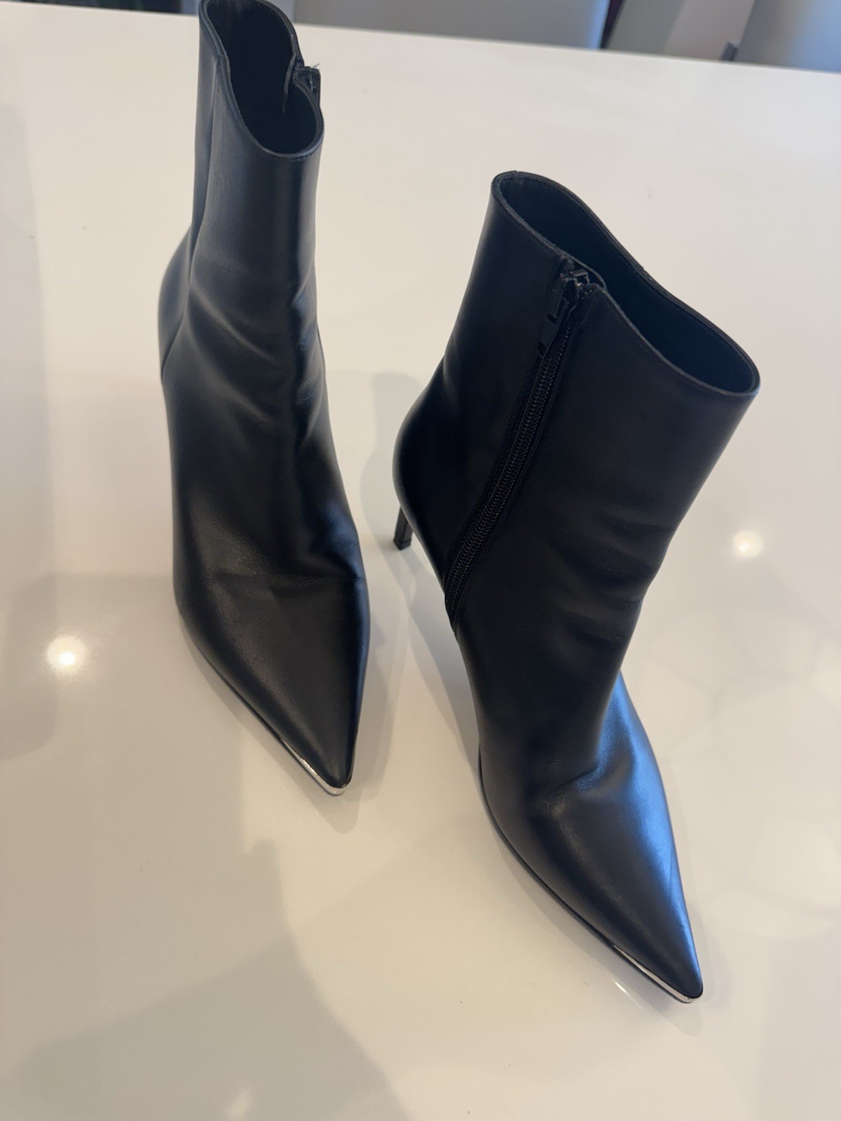 Celine Black Leather Ankle Bootie Pointed Toe Zip Stiletto Women’s US 7 EU 37