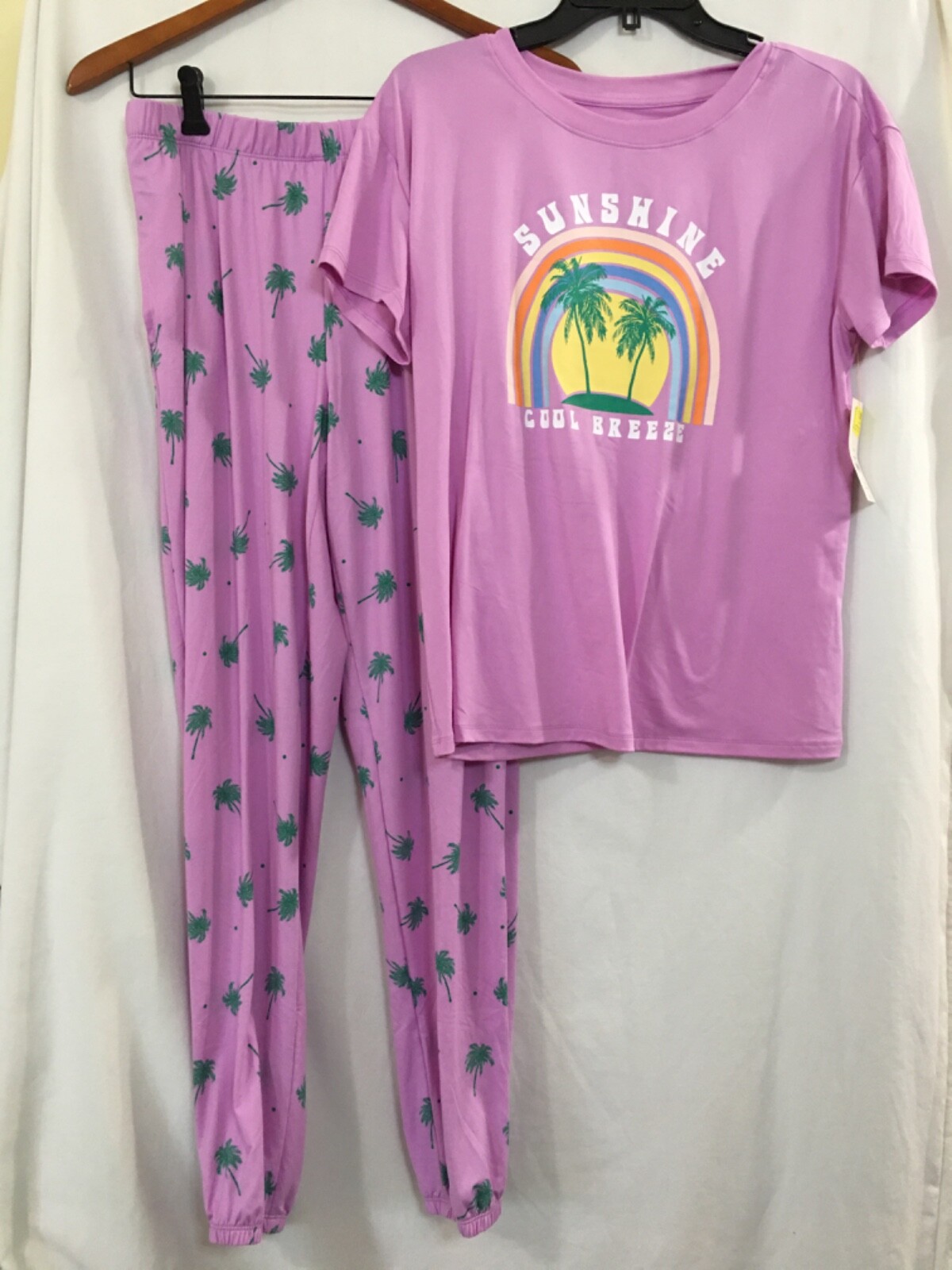 New Joyspun Women Pajama set Jogger with pocket Tropical Palm Violet many sizes