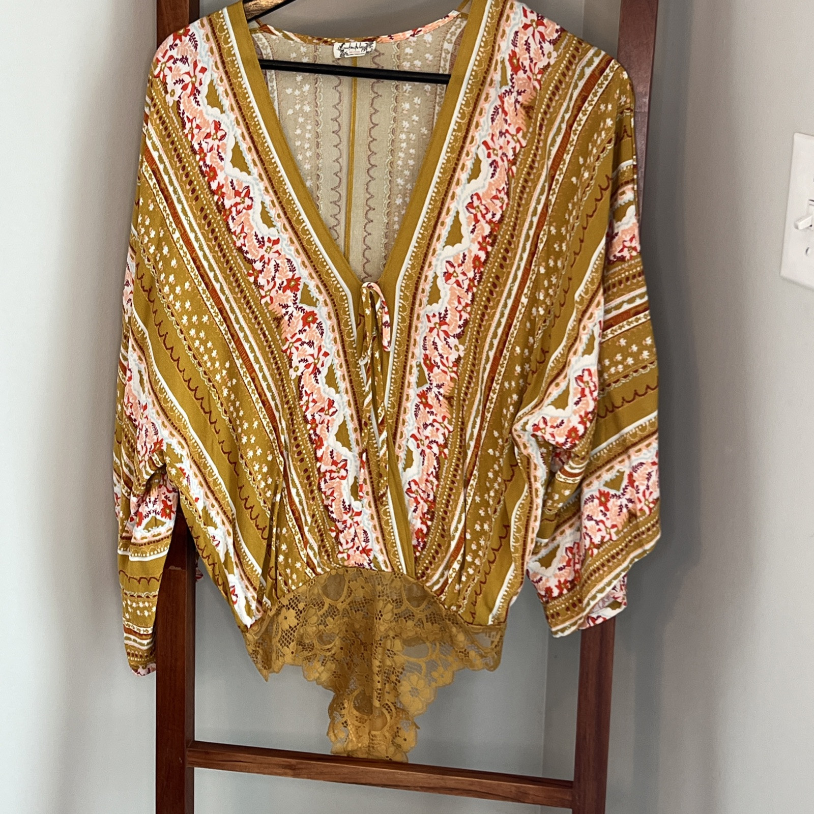Free People Multi Mustard Blouse With Bodysuit Like Bottom Size XS Never Worn