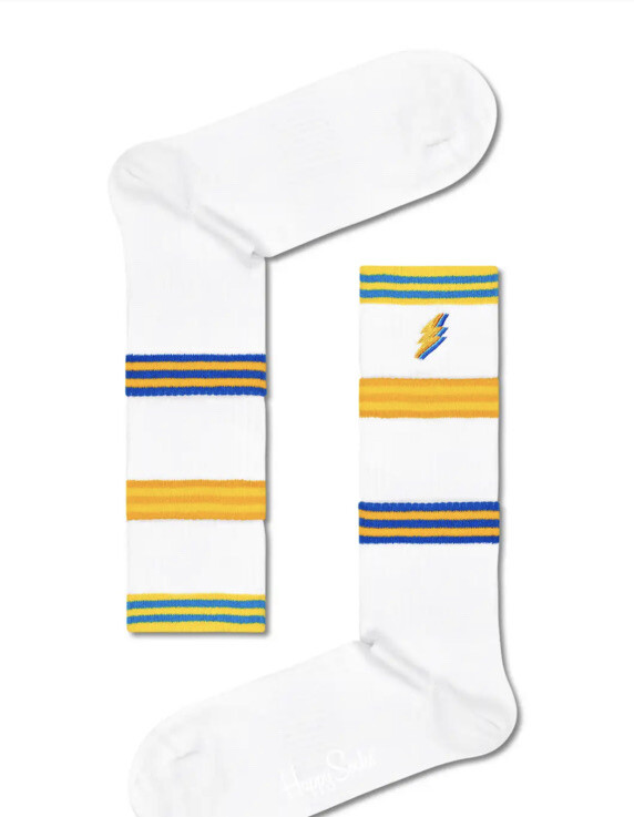 HAPPY SOCKS COLOR CUFF MENS SNEAKER CREW SOCKS WHITE WITH MULTI M/L NWT