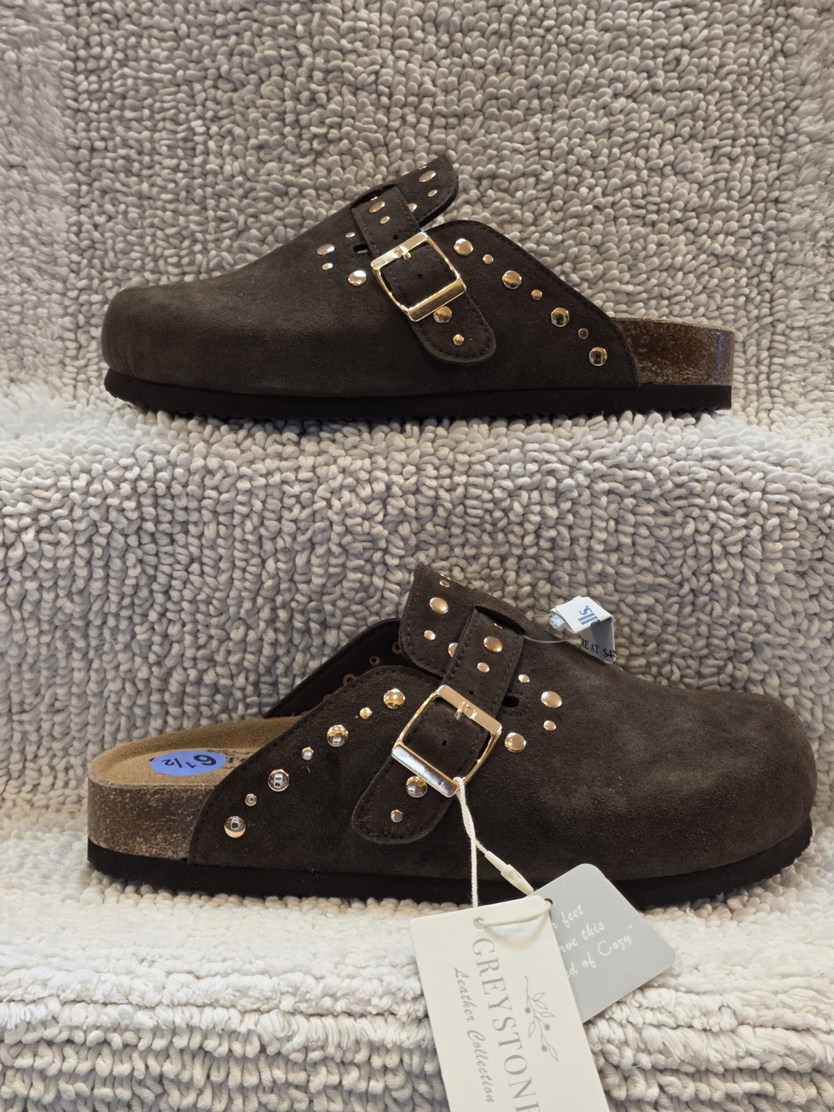 Greystone Brown Genuine Suede Womens6.5 Gold Rivet Studded Sandals SlipOn Clogs