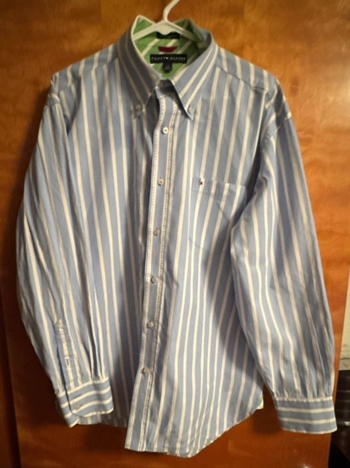 Vintage Tommy Hilfiger Men’s Long Button Down Shirt Blue and White Striped