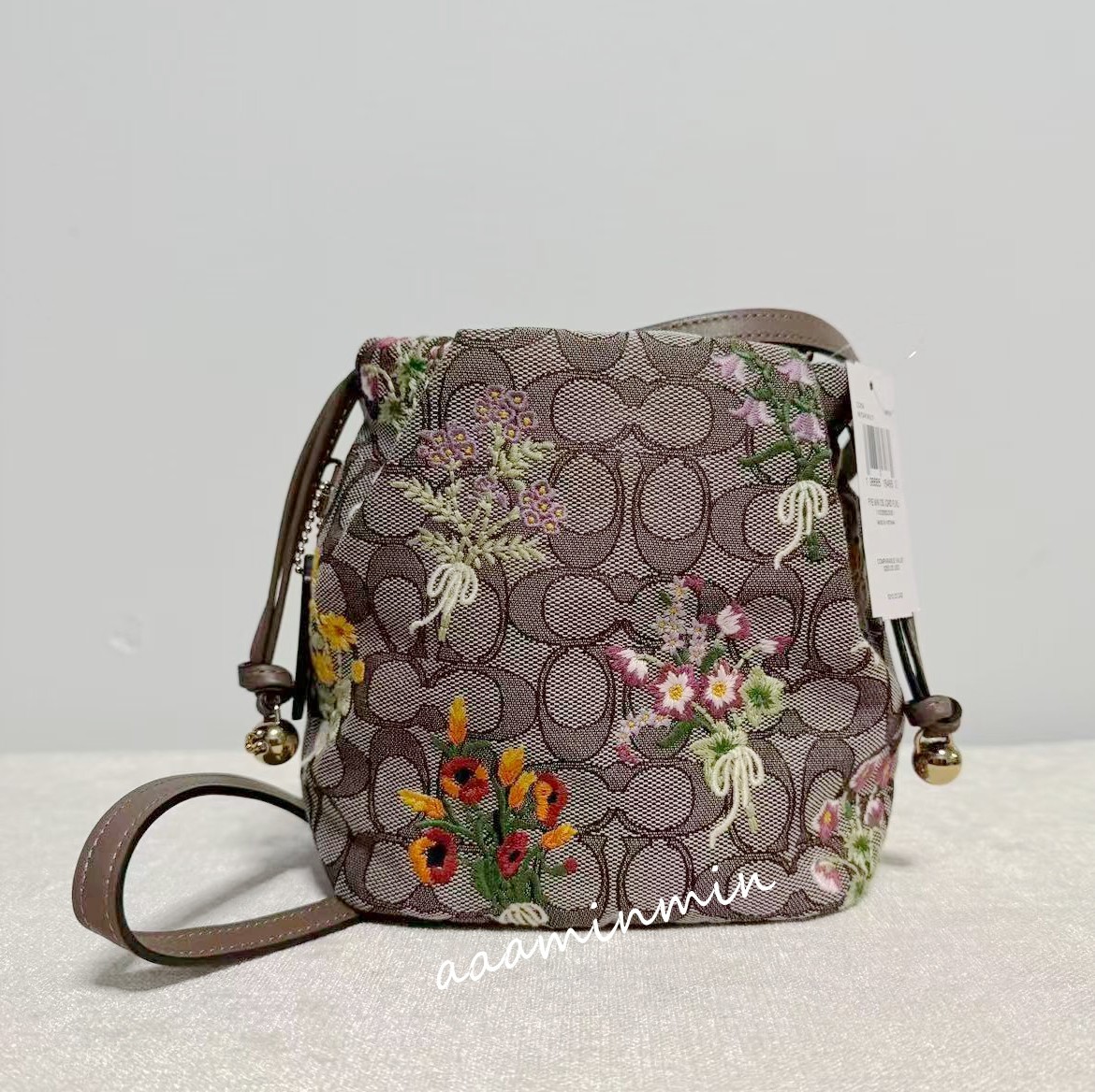 NWT Coach Faye Mini Drawstring Bag In Signature Jacquard With Floral Embroidery