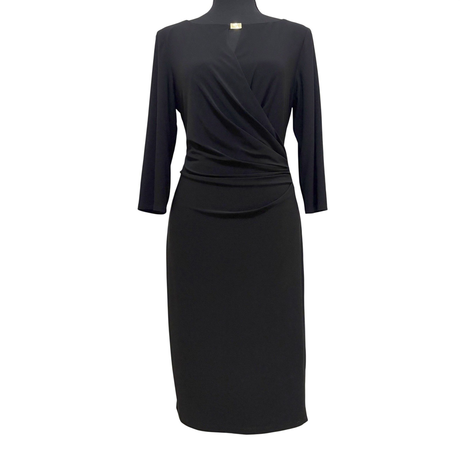 Lauren Ralph Lauren Ruched Faux Wrap Dress Sz 10 Black 3/4 Sleeve Knee Length