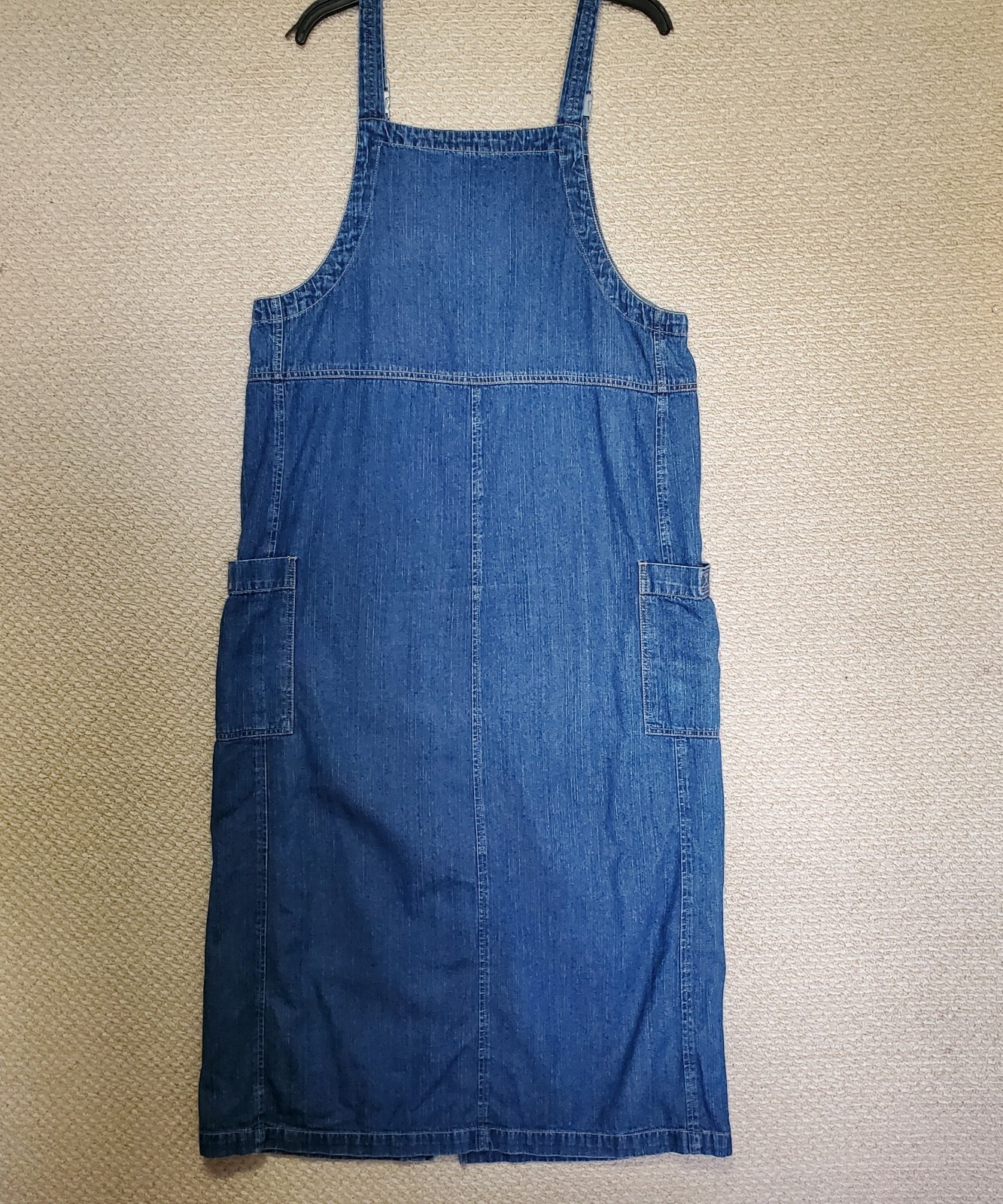 Vintage Overall Dress Sz Large Denim Blue Jean Faded Glory Modest 3 Pocket
