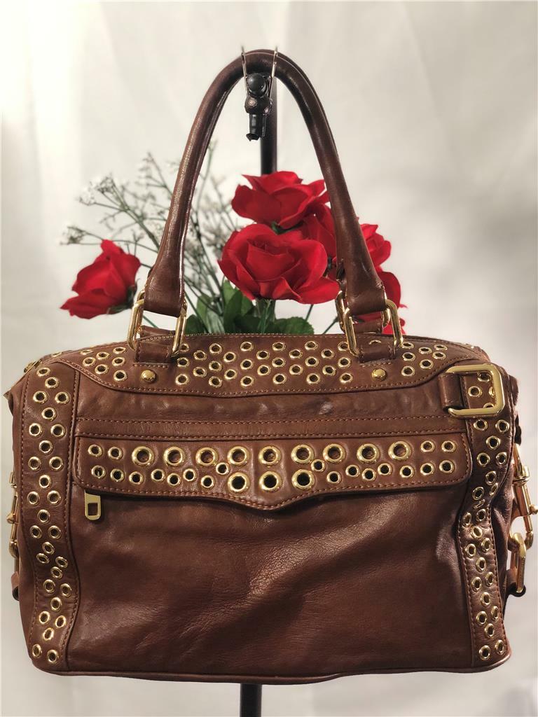 REBECCA MINKOFF Gold Tone Grommet-Embellished M.A.B. Bag In Brown Leather