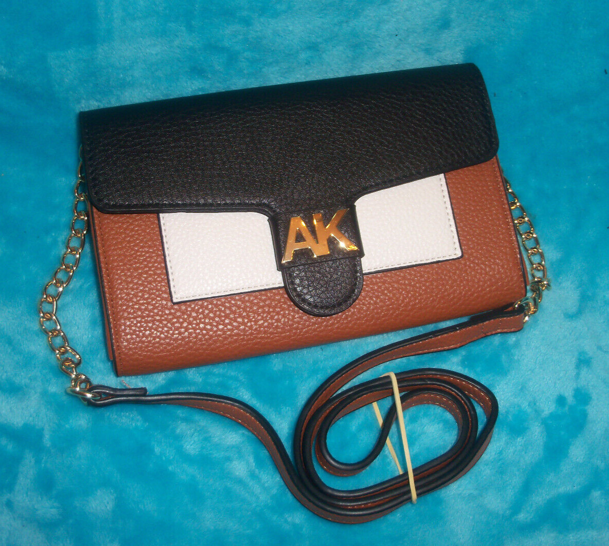 New ANNE KLIEN Black & Saddle Brown Wallet Crossbody Bag – CHAIN STRAP – PEBBLED