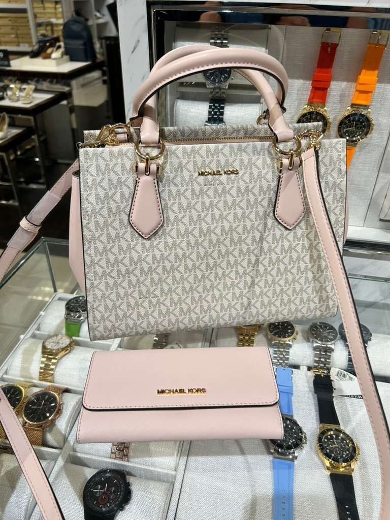 Michael Kors Marilyn Women MD Logo Satchel Bag+Trifold Wallet Powder Blush Combo