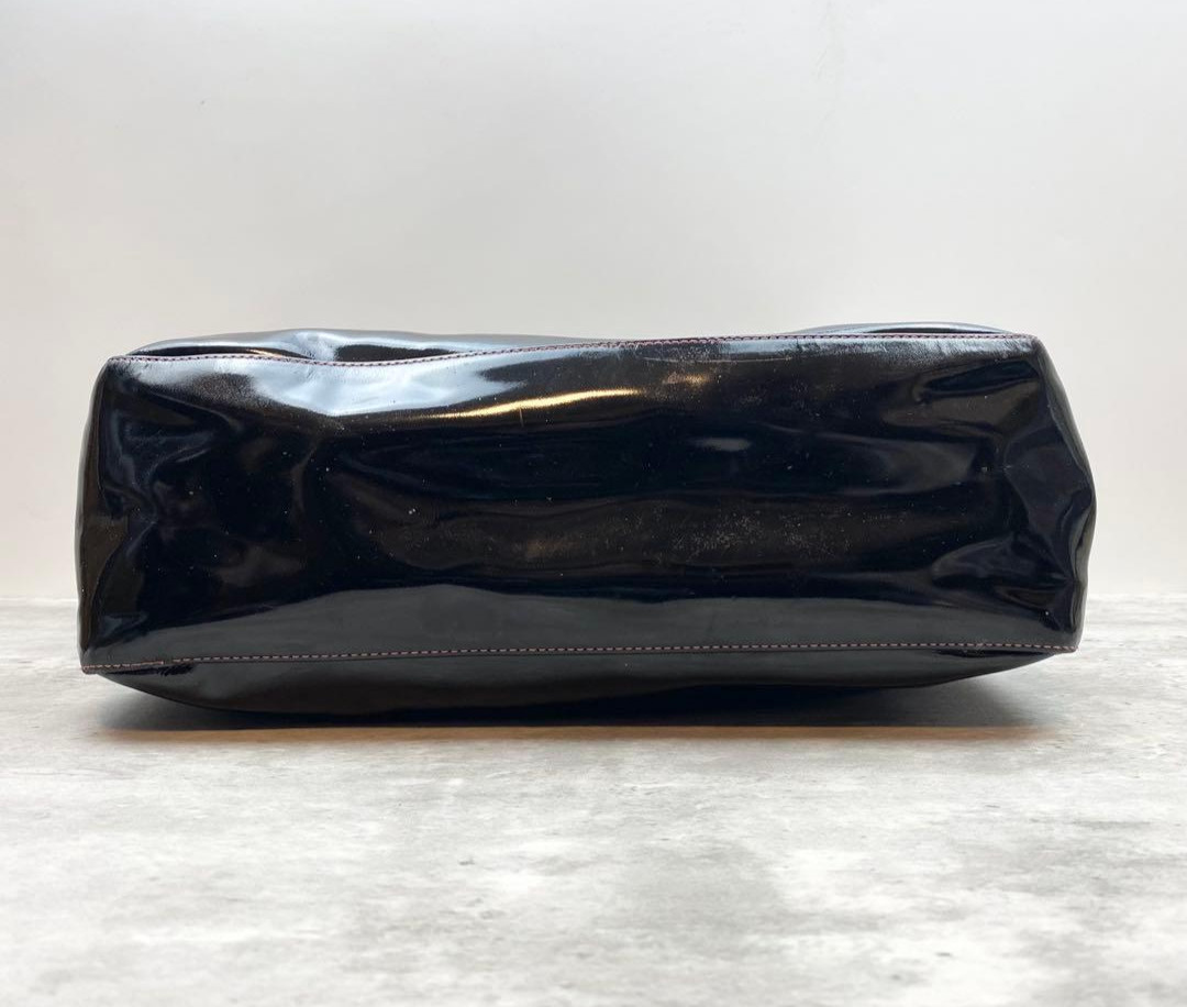 Longchamp Roseau Tote Bag Black Patent Leather A4 Documents Work 13.7in Auth
