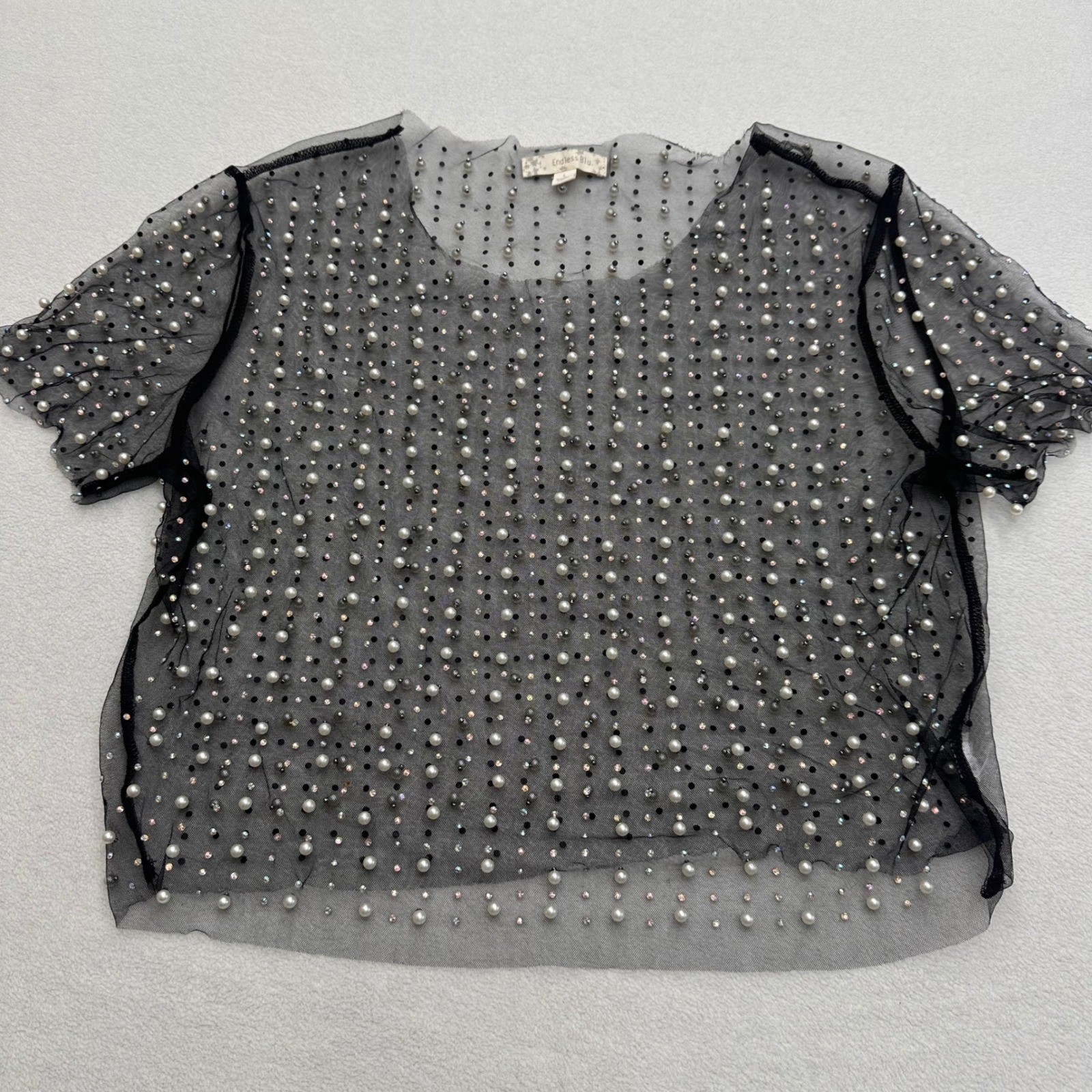 Endless Blu Women Black Sheer Pearl Rhinestone Crop Top Sz Lg Festival Goth Edgy