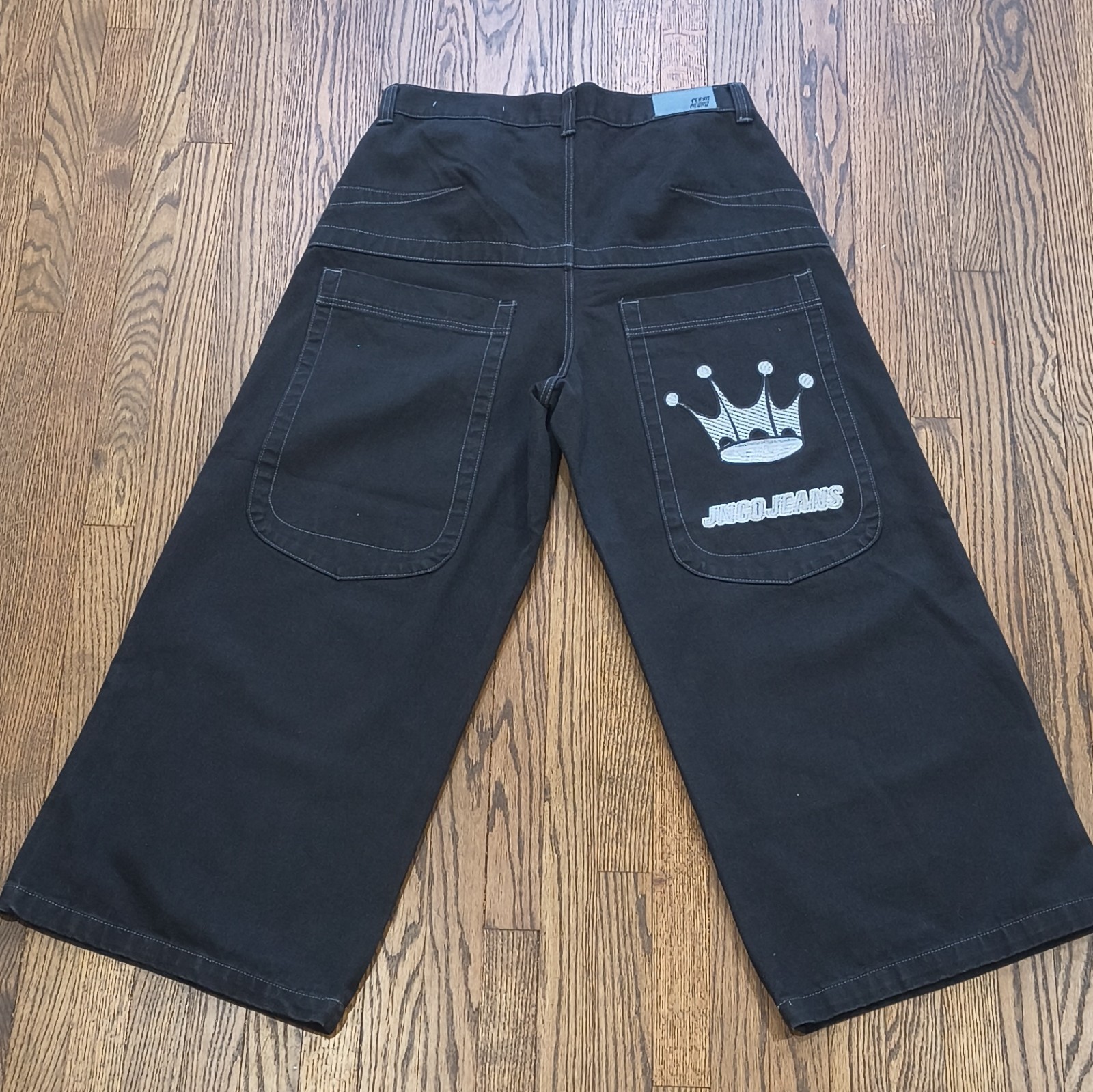 JNCO Men’s Black Wide-Leg Jeans Loose Fit Dark Wash Denim Embroidered Logo
