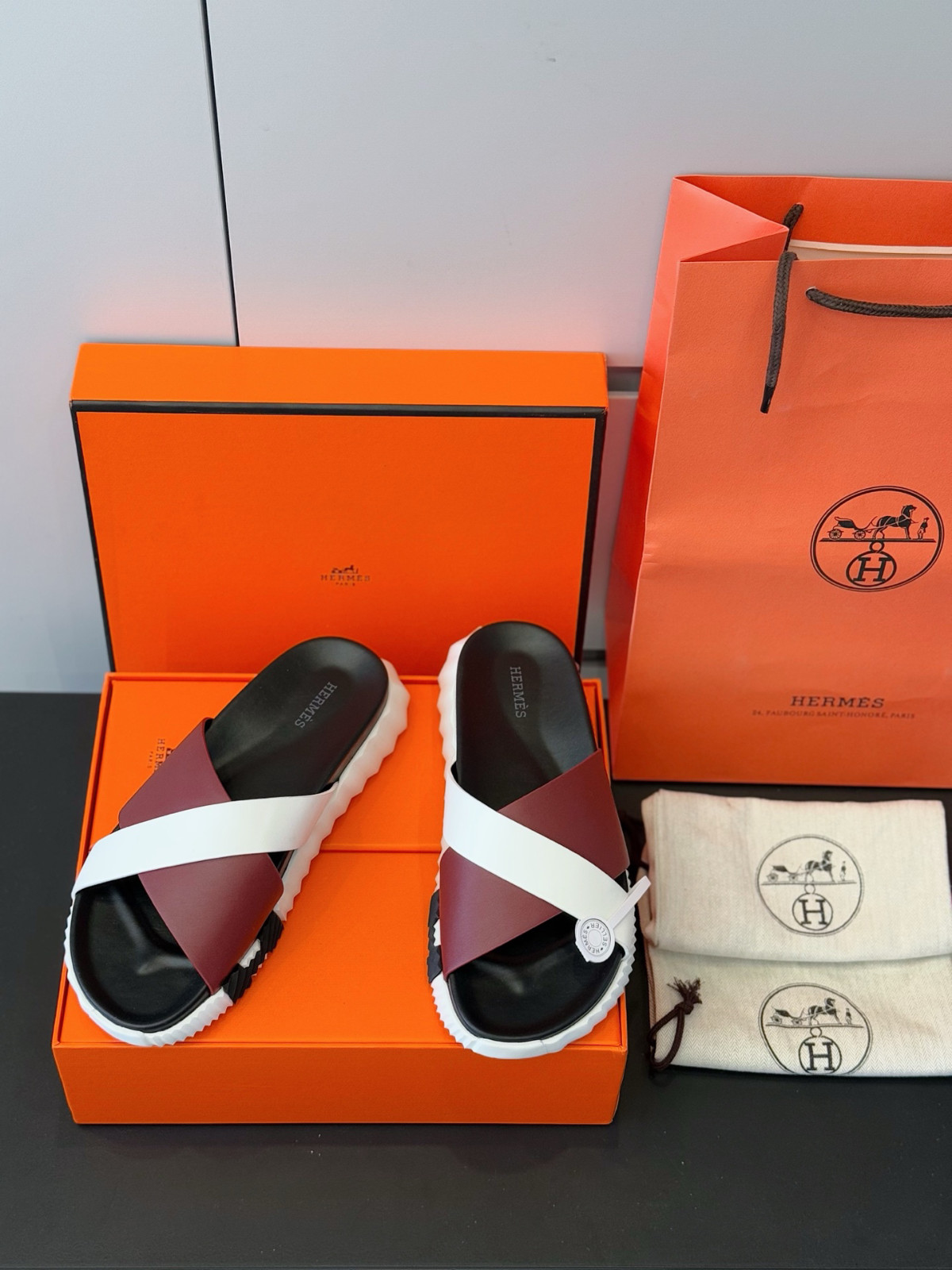 Hermes Eclair Men’s Chunky Platform Slides Burgundy & White Leather Cross Band S