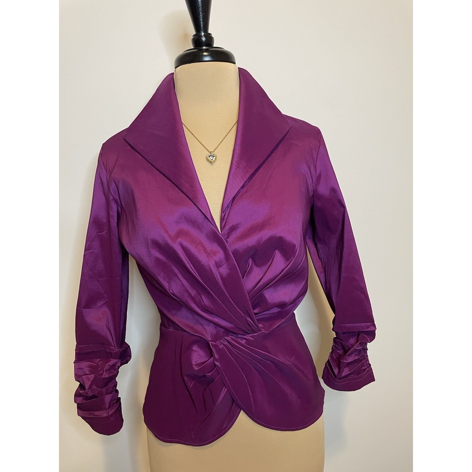 Tadashi Purple Wrap Peplum Blouse Portrait Collar Ruched Sleeve 6 NWOT