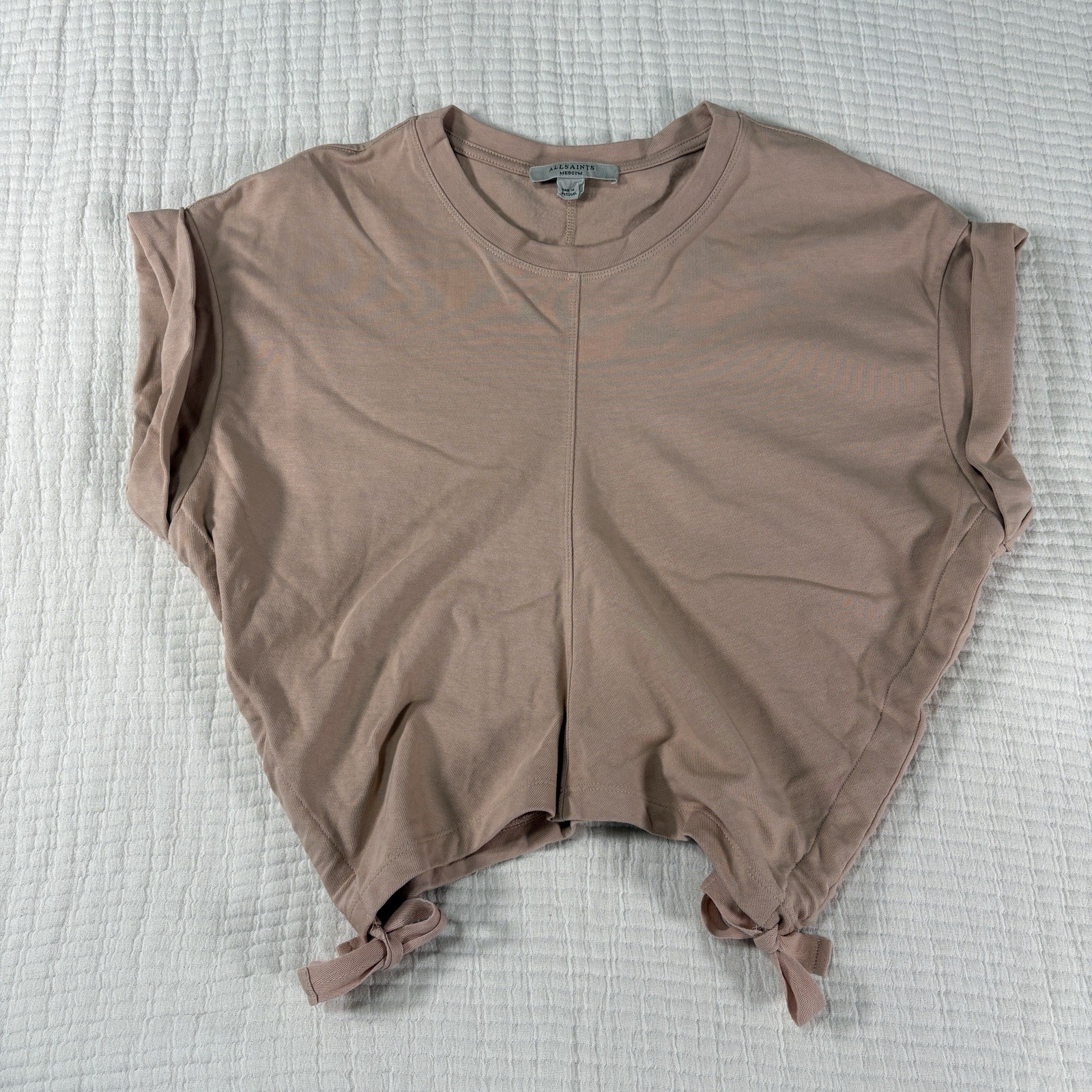 All Saints Shirt Womens Medium Beige Mira Tee Cropped Side Tie Ruched Neutral