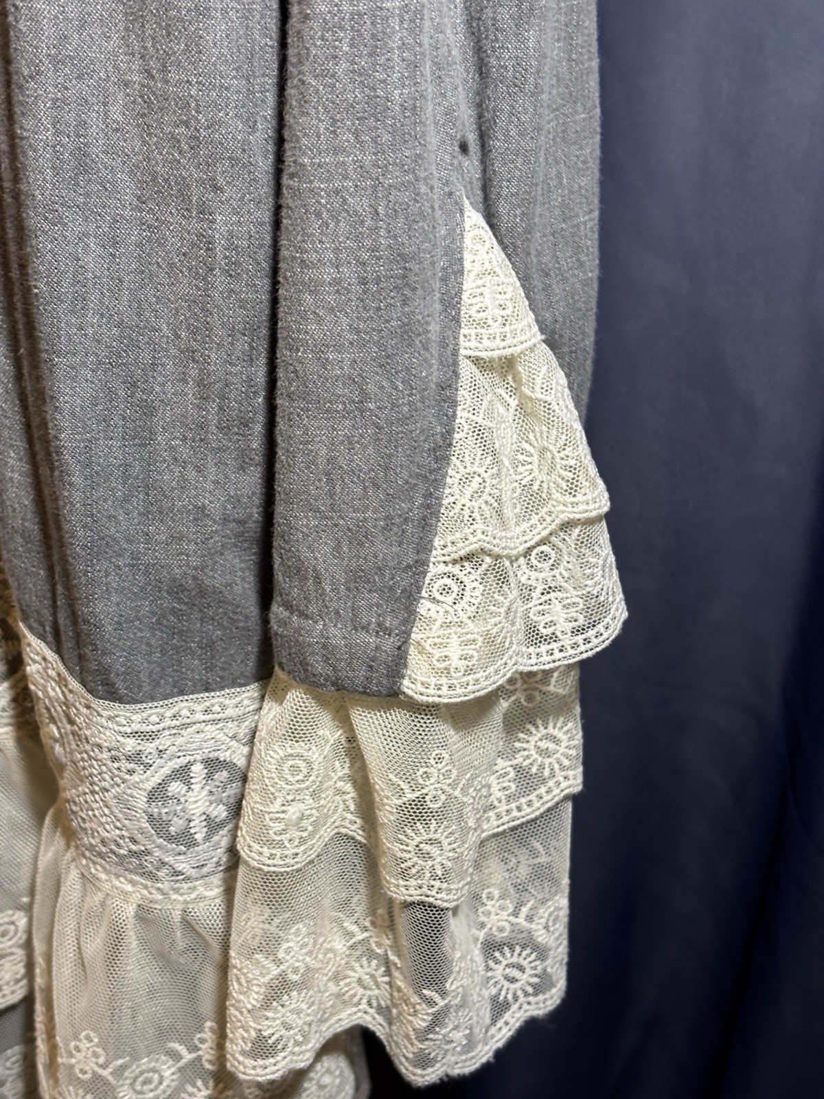 Gray Denim Lace Jacket With Scalloped Lace On Bottom Of Sleeves. Size M