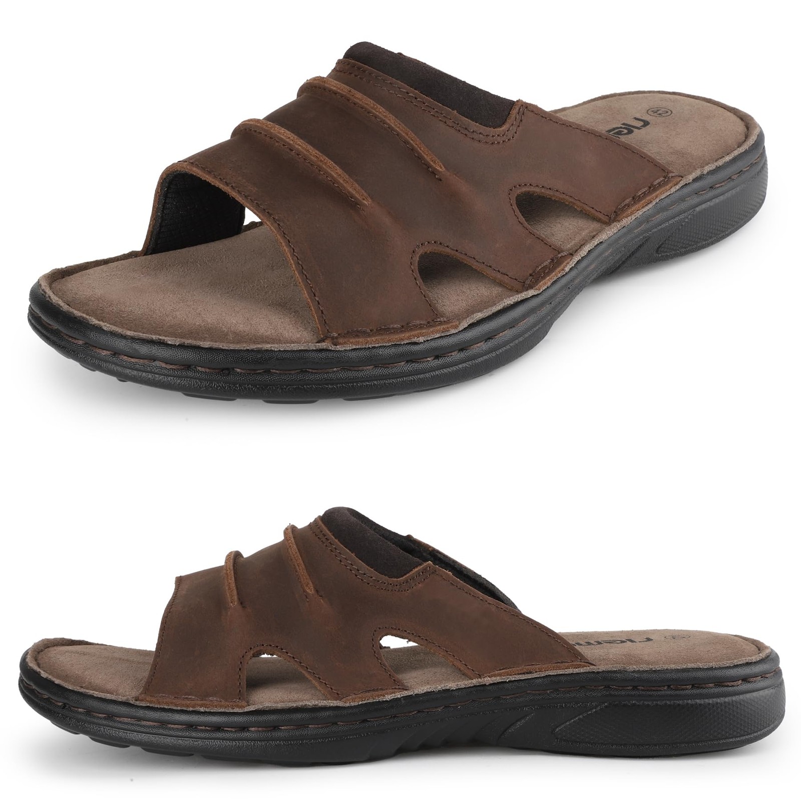Mens Leather Slide Sandals Memory Foam Footbed Casual Walking Cushioning Slip On