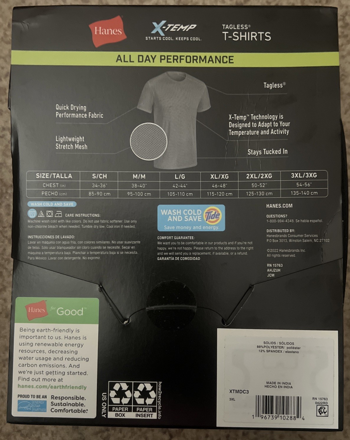 3XL Hanes Men 3 Pack Tagless X-Temp All day Performance T-Shirts NIP
