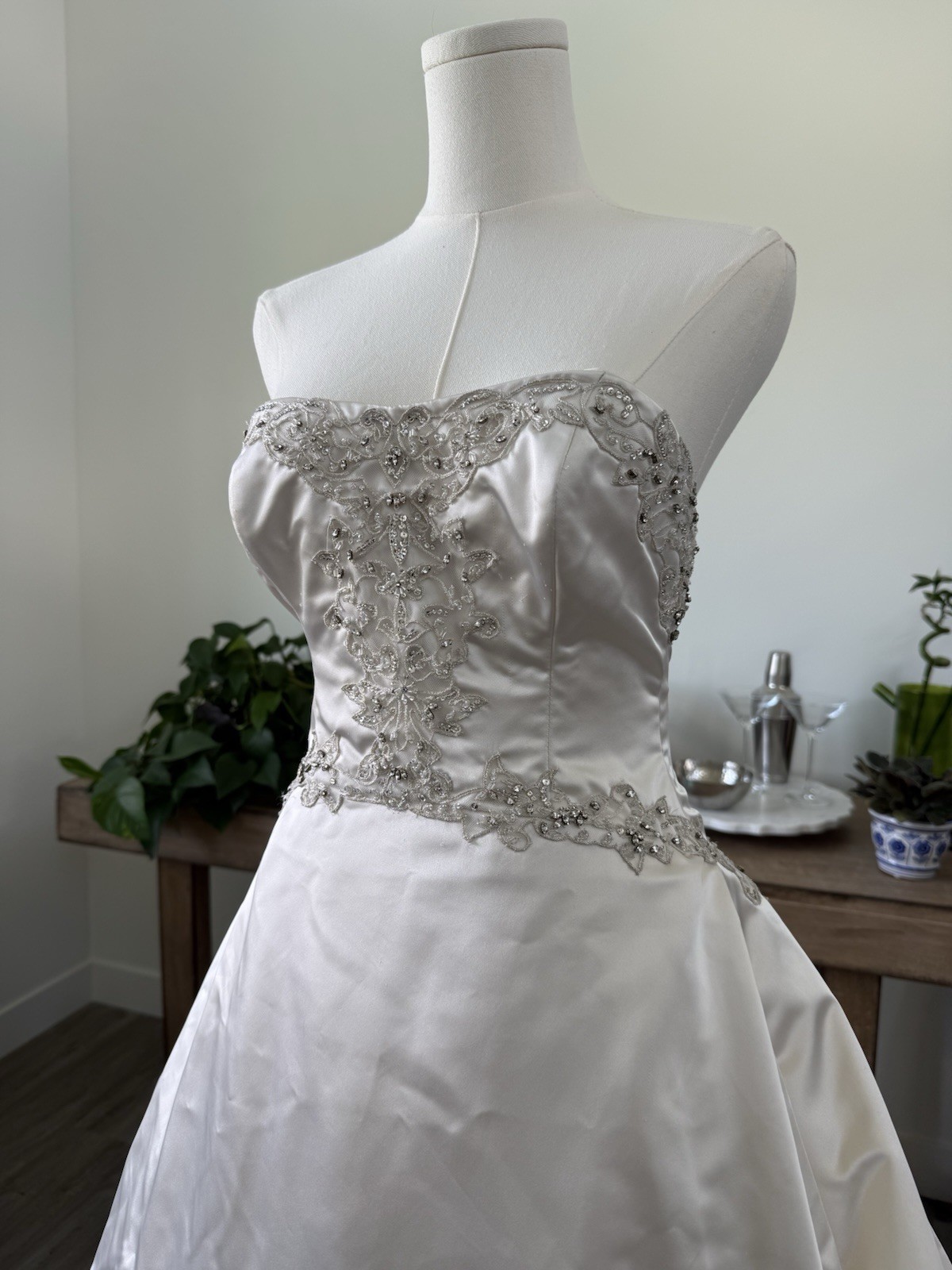 Kenneth Pool Strapless Beaded Satin Ball Gown Wedding Dress Corset Back Train