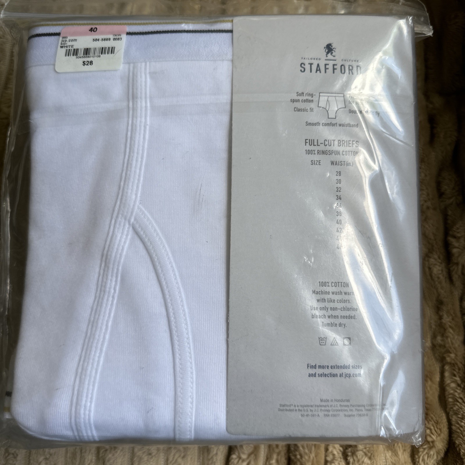Stafford Men’s 6-Pack Full-Cut Briefs Cotton White Sz.40 New In Package