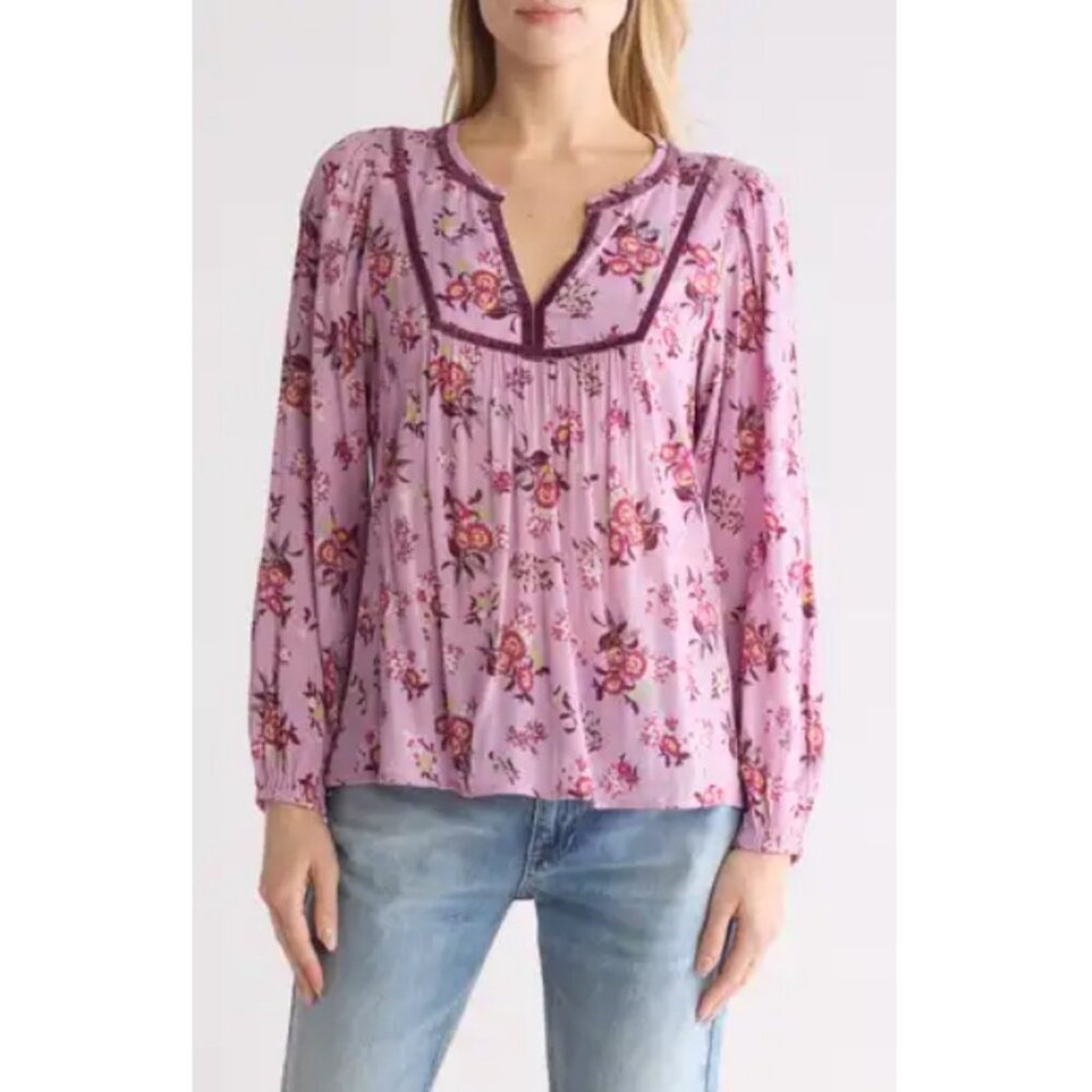Lucky Brand Size S Pink Top Boho Floral Blouse Relaxed Babydoll Comfy Boho Chic