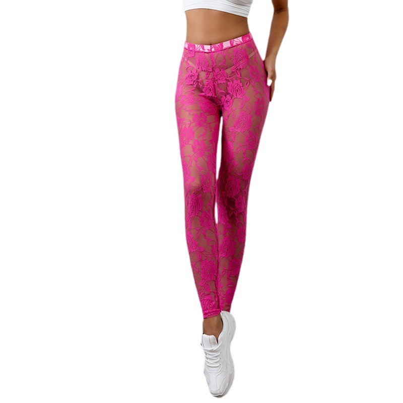 Womens Sexy Rose sheer mesh leggings Skinny Stretchy Capris Party Pants Clubwear