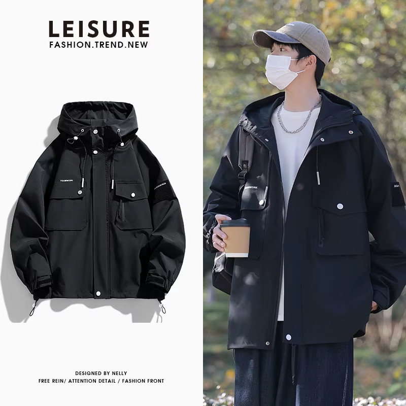 2024 New Spring Jacket Men Korean Fashion Unisex Hooded Windbreaker Multi-Pocket