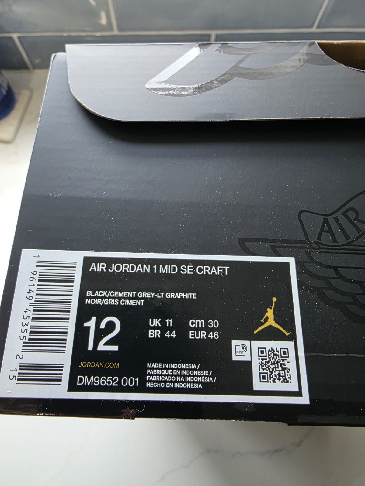 Nike Air Jordan 1 Mid Craft Inside Out “Black Cement Grey” DM9652-001 Men’s 12