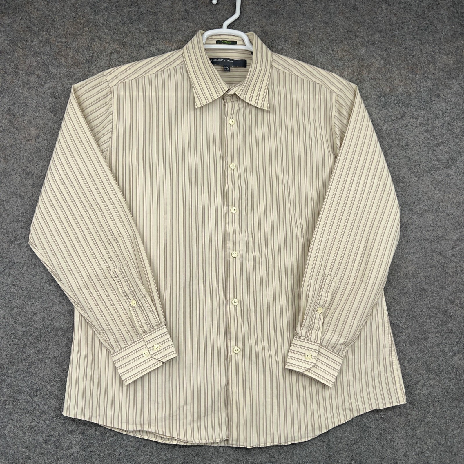 Perry Ellis Portfolio Dress Shirt Mens XL 17.5 34/35 Beige Stripe Long Sleeve