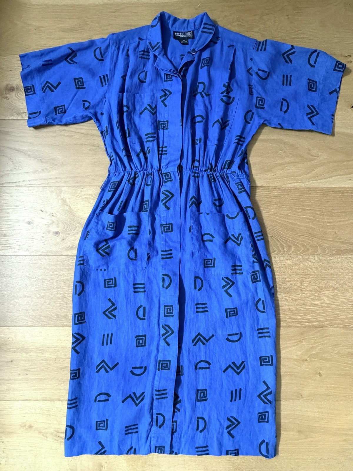 Nordstrom Point of View Midi Dress VTG 80s Linen Blue Geometric Print Womens 10