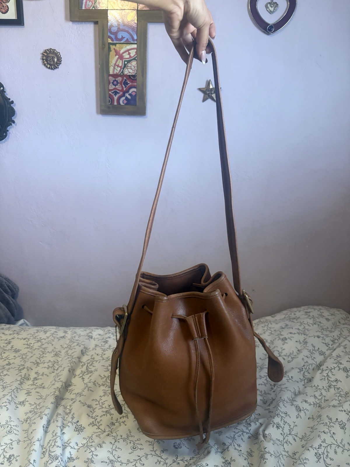 Coach Brown Bucket Drawstring Shoulder Bag Adjustable Strap Buckle Accent