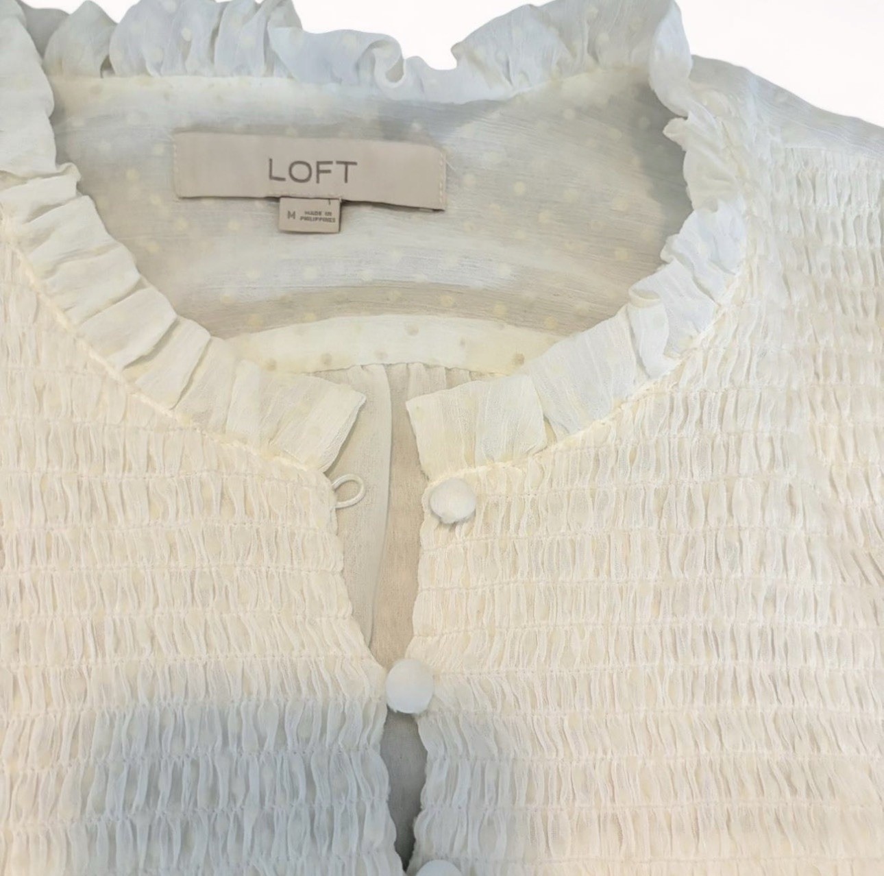 LOFT Ivory Chiffon Sheer Polka Dot Smocked Ruffle High Neck Blouse M
