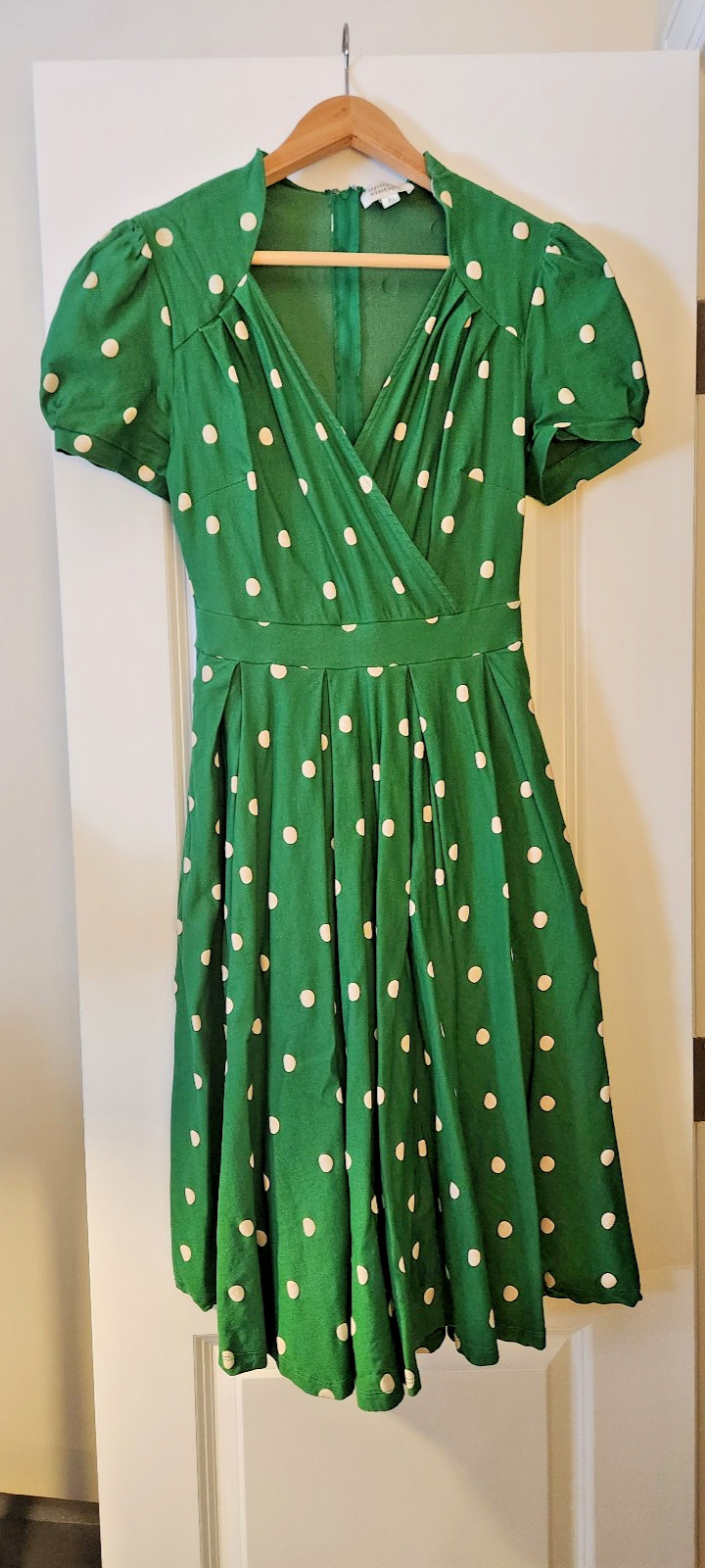 swing dress, green-and-white polka dot, Unique Vintage M (6-8) surplice neckline