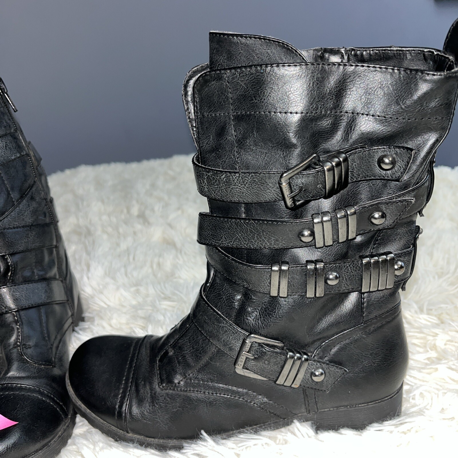 G By Guess Moto Grunge Combat Full-Zip Boot Buckles Black Metal Embellished Sz6m