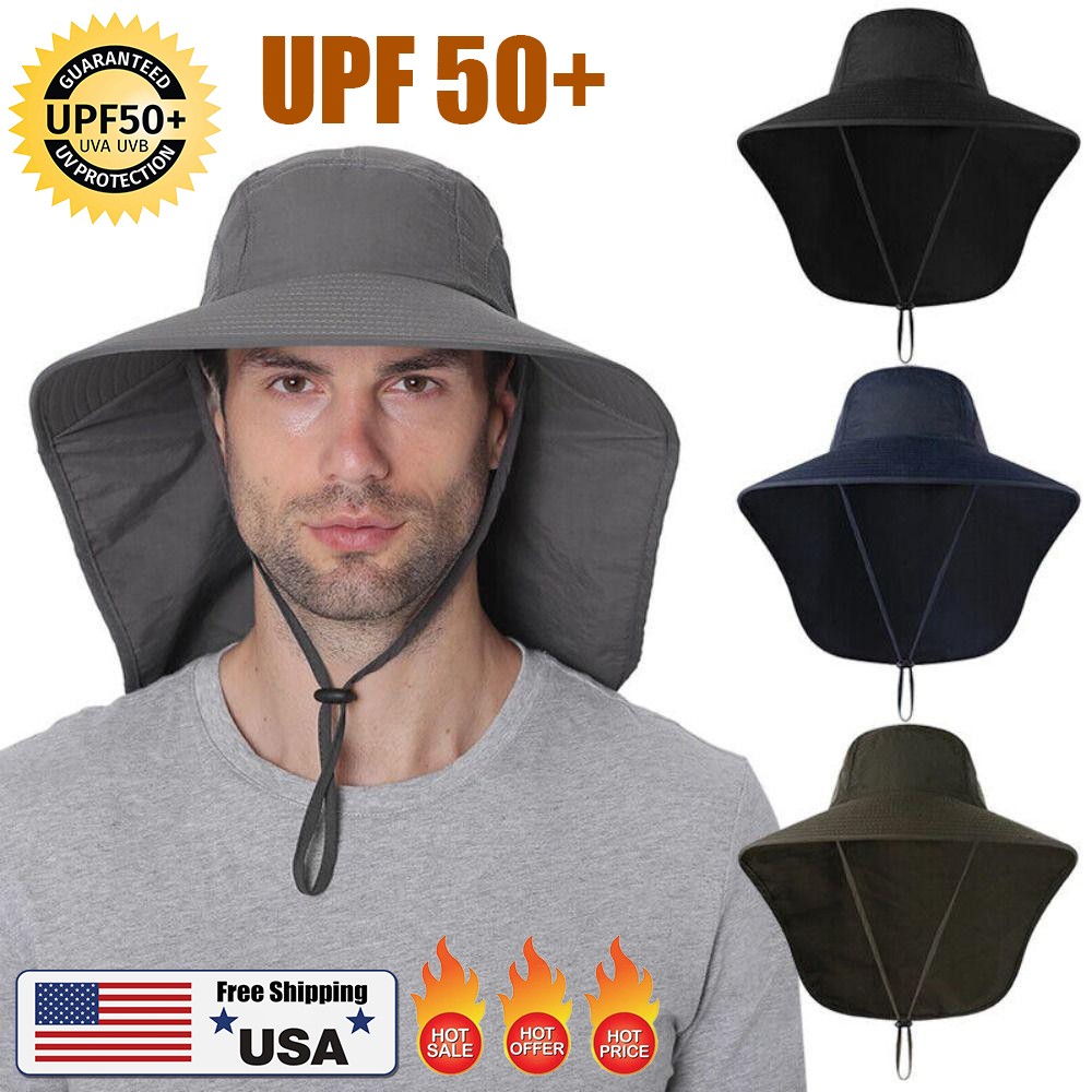 Wide Brim Sun Hat with Neck Flap UV Protection Hiking Fishing Cap for Men Women