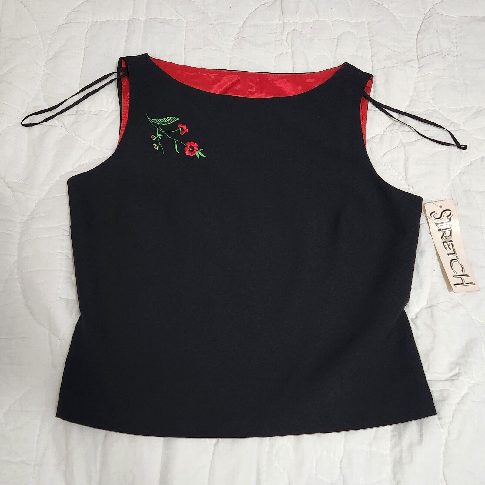 Vintage Breakin’ Loose Women’s 13/14 Black Red Embroidered Flower Tank Top NWT